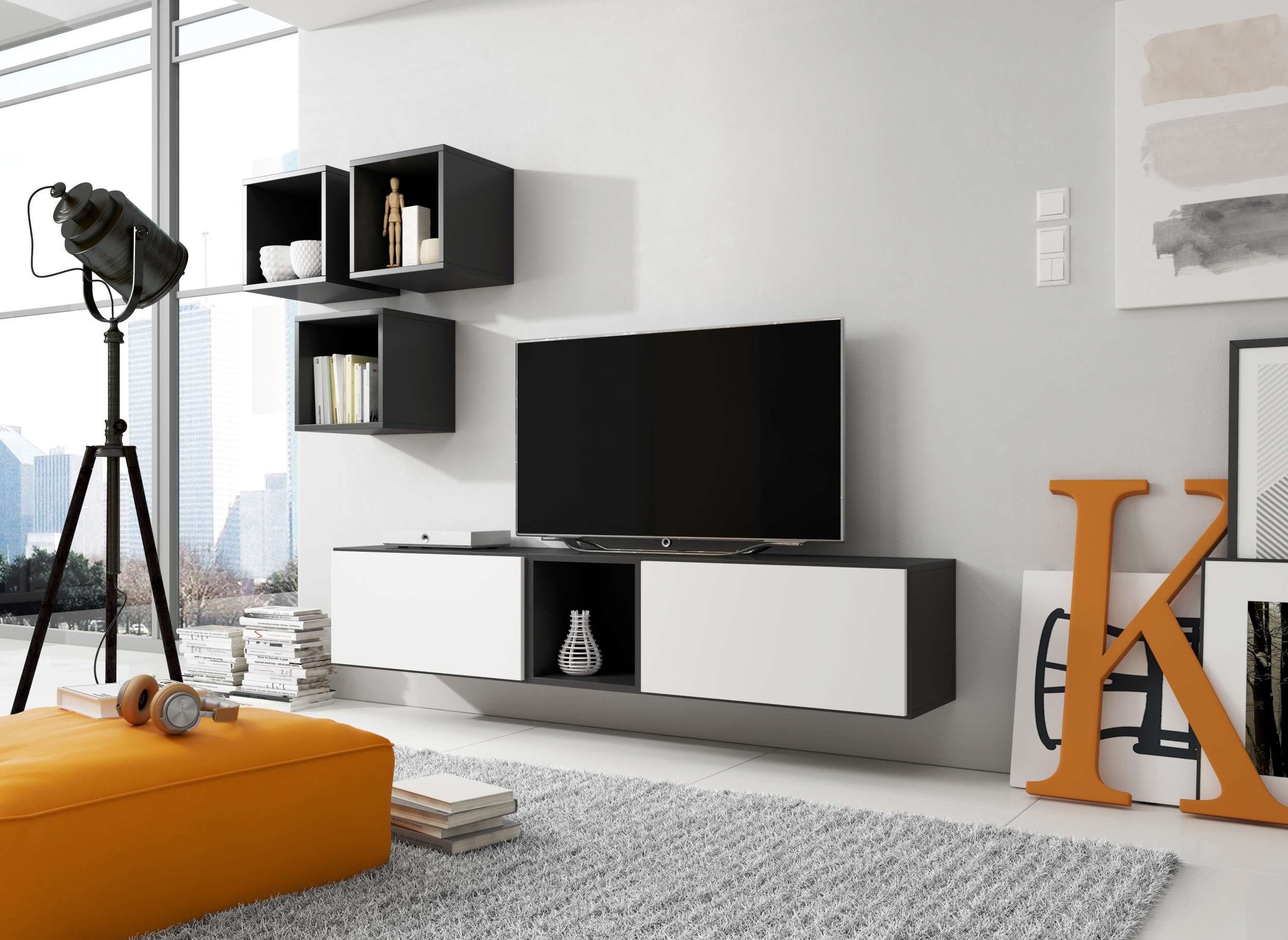 Stylefy Wohnwand Cono VIII, (Set (6-St), Wohnmöbel, Wohnzimmer-Set), bestehend aus 4xWandregal und 2xHängeschrank, mit Push-to-Open, Modern Design Schwarz Matt - Weiß Matt