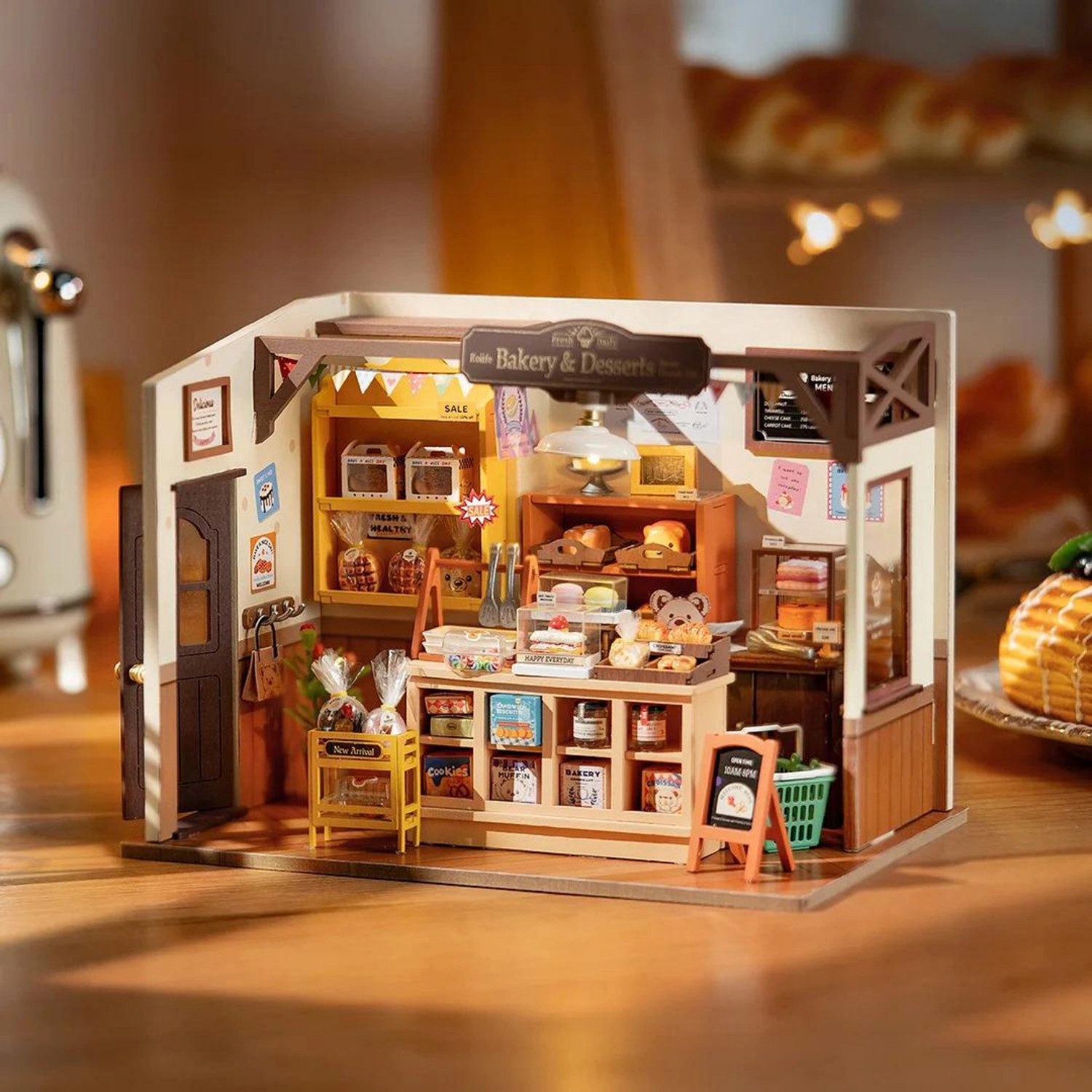 Robotime 3D-Puzzle Becka’s Baking House Bäckerei aus Holz, 141 Puzzleteile, mit LED-Beleuchtung