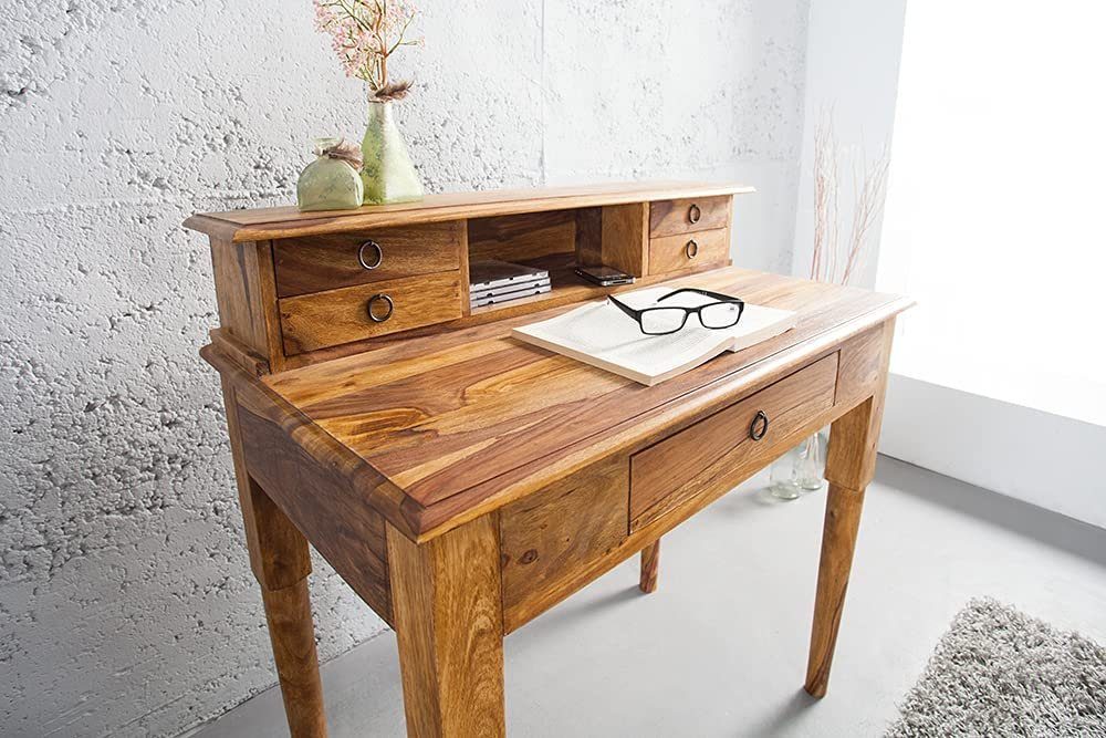 LebensWohnArt Schreibtisch Massiver Sekretär BOMBAY 90cm natural Palisander Schreibtisch – Bild 5 von 5