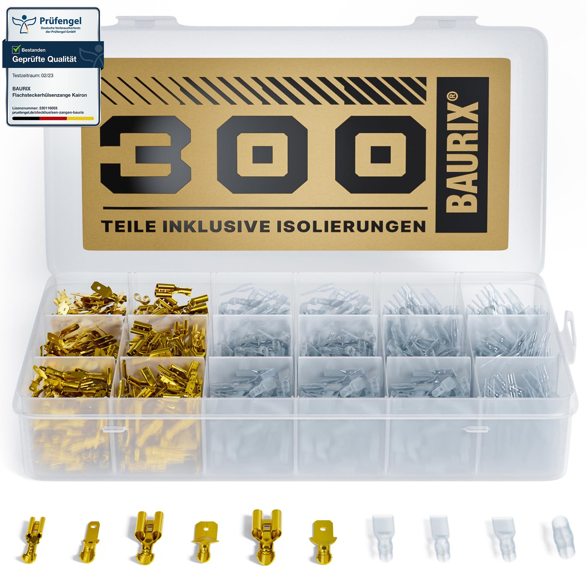 BAURIX Flachsteckhülsen Set 300 Stück I 2,8 mm 4,8 mm 6,3 mm I Steckverbinder Sortiment, 300-tlg., Flachstecker Männlich & Weiblich I Isolierte Kabelstecker