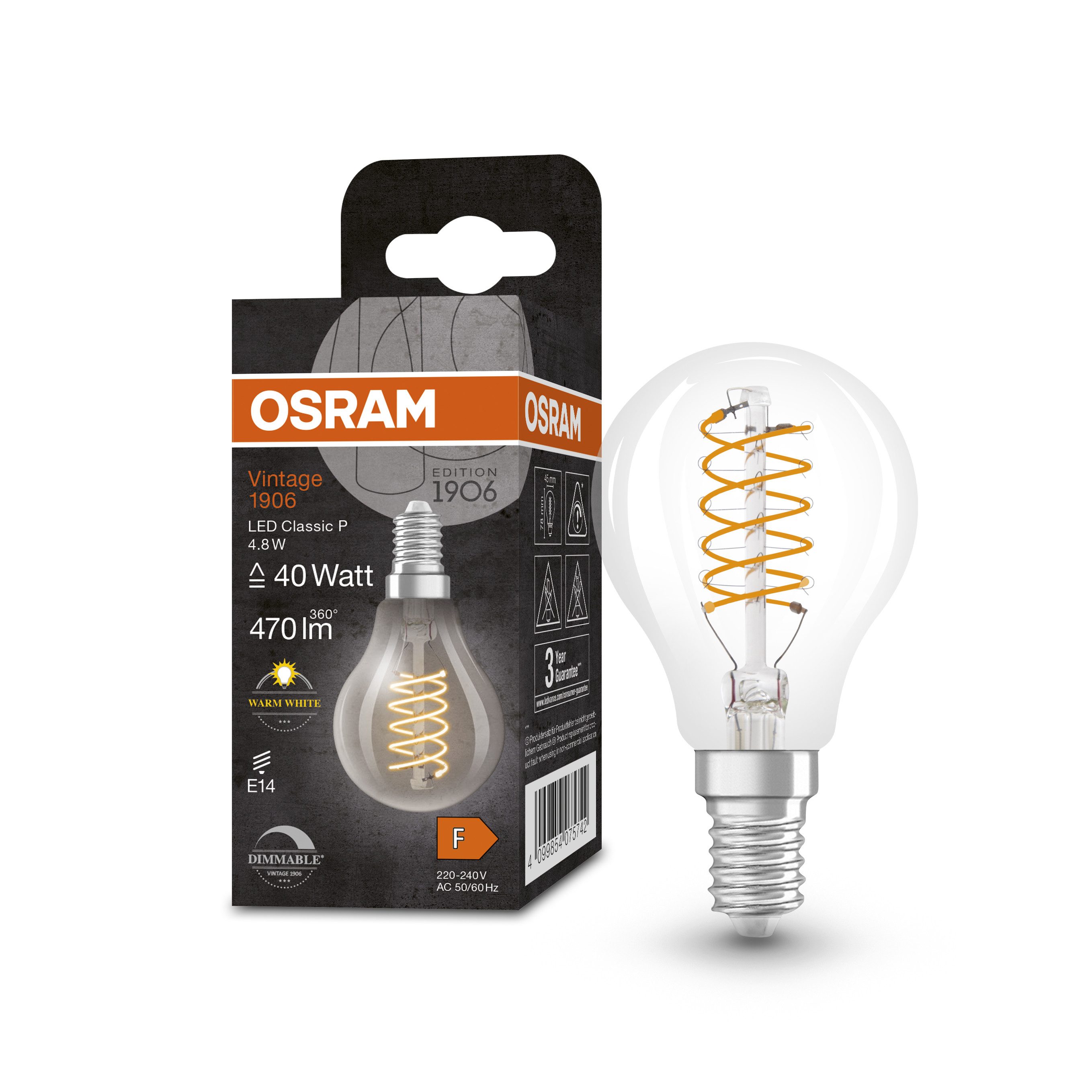 Ledvance LED-Leuchtmittel Vintage 1906 Classic B 40 Filament DIM 4.8W 827 Clear E14, E14, 1 St., Warm weiß, Geringerer Energieverbrauch als Glüh- oder Halogenlampen