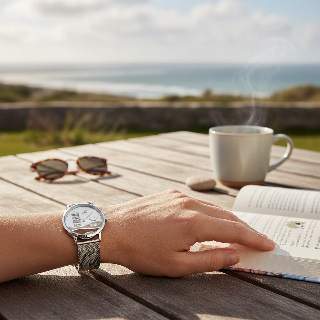 DUR Quarzuhr DW059 Pilsumer Leuchtturm – Uhr mit Bernstein- & Strandsand, 40 mm, Meshband