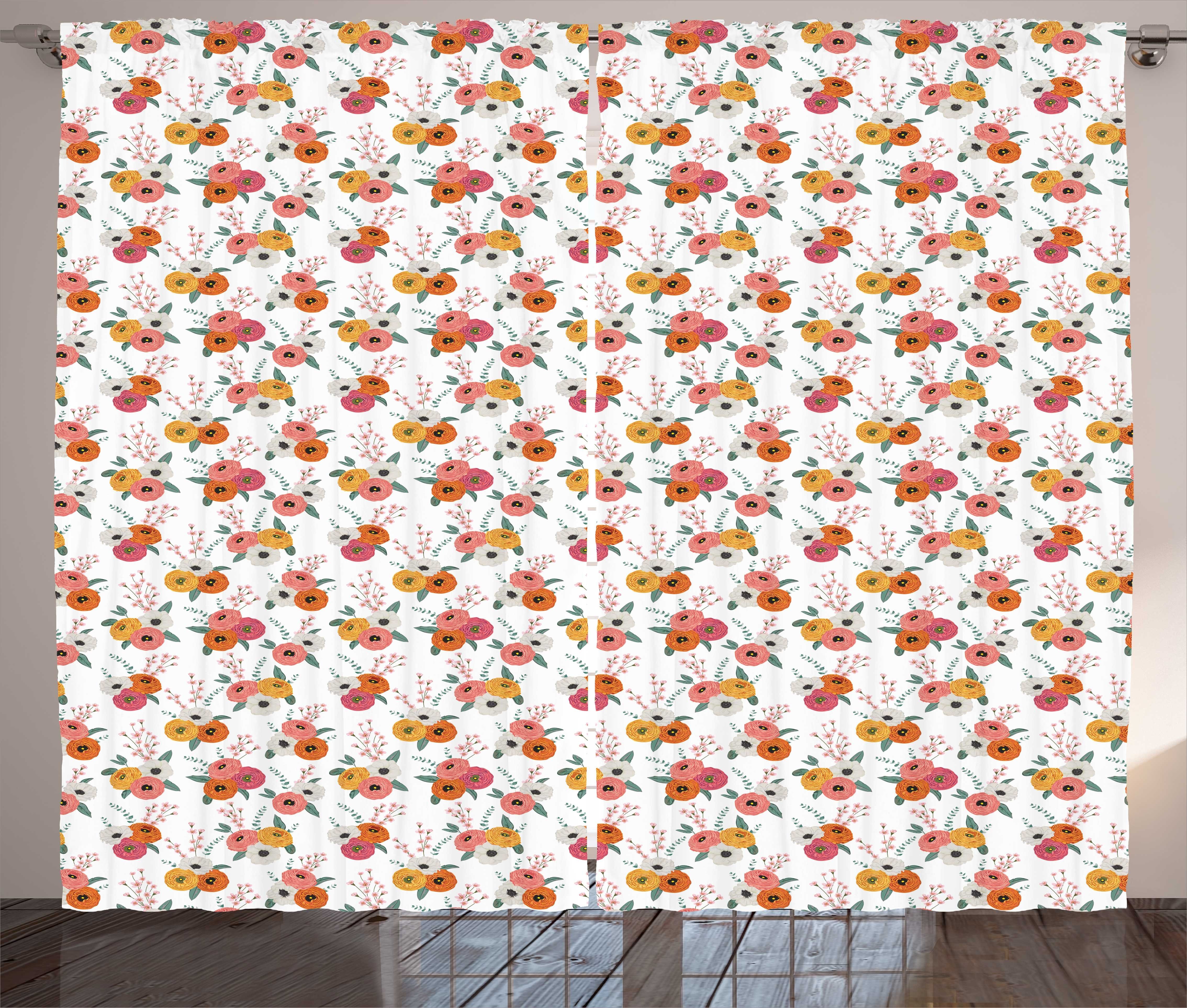 Gardine Schlafzimmer Kräuselband Vorhang mit Schlaufen und Haken, Abakuhaus, Blumen Bloom Englischer Garten Kunst | Fertiggardinen