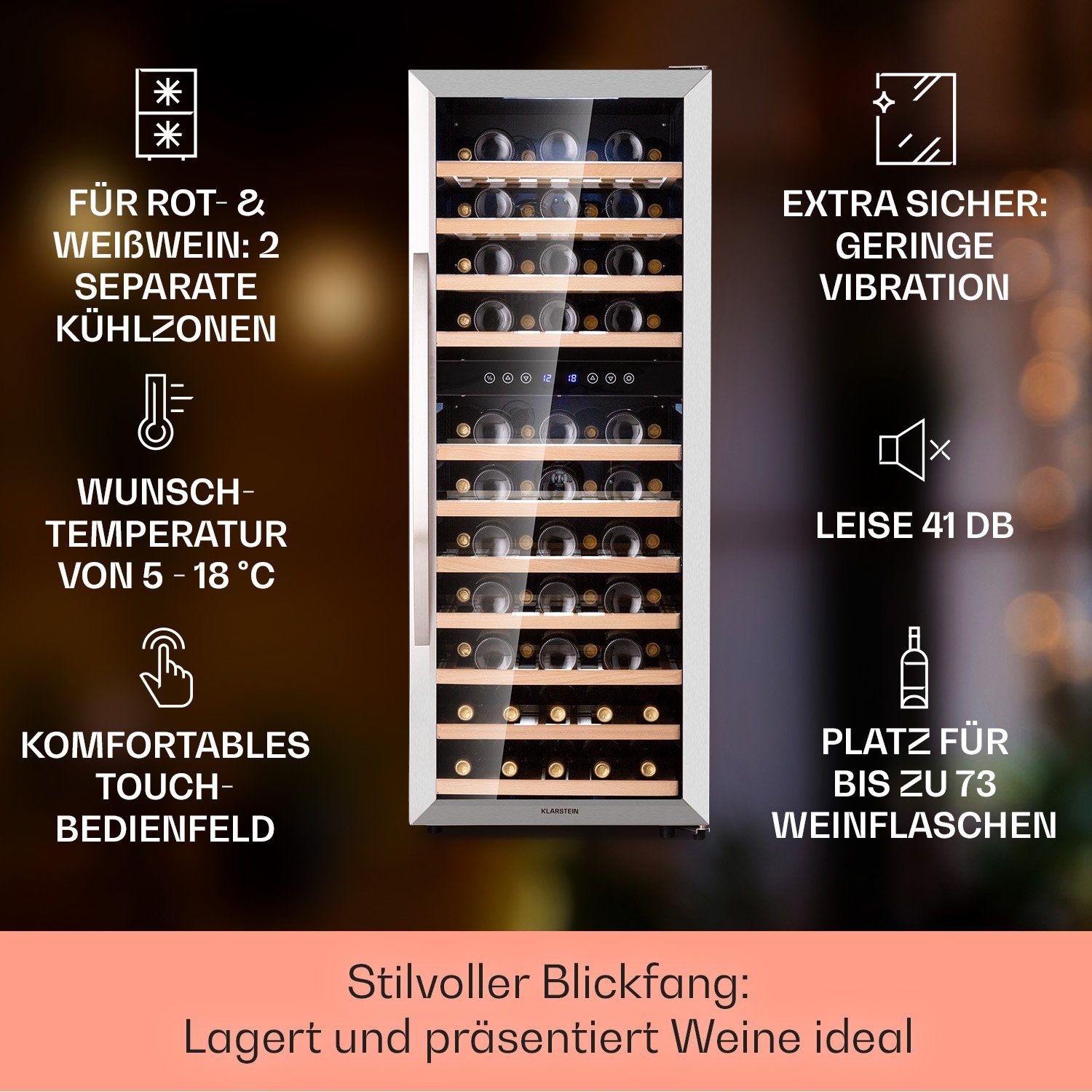 Klarstein Weinkühlschrank Vinamour, für 73 Standardflaschen á 0,75l,Wein Flaschenkühlschrank Weintemperierschrank Weinschrank Kühlschrank