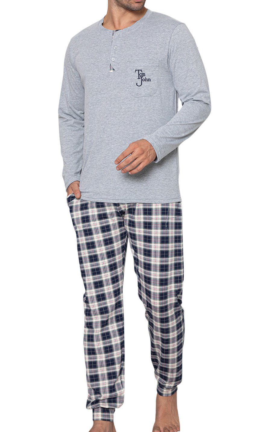 LOREZA Baumwolle Grau 2 Pyjama Hausanzug Schlafanzug langarm (Set, Nachtwäs tlg) Herren Pyjama kariert