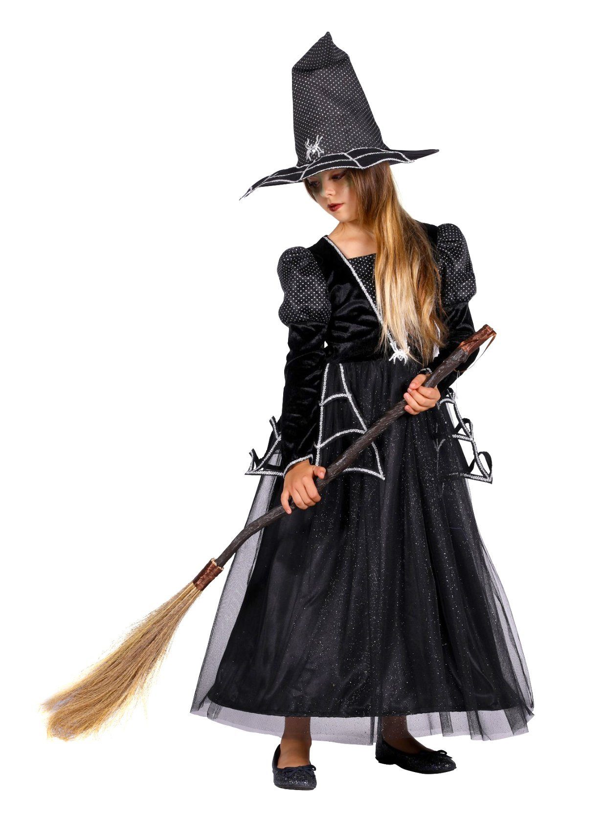 thetru Hexen-Kostüm Spinnenhexe - Halloween Kostüm Kinder Mädchen, Schwarzes Hexenkostüm mit Spinnen-Thematik