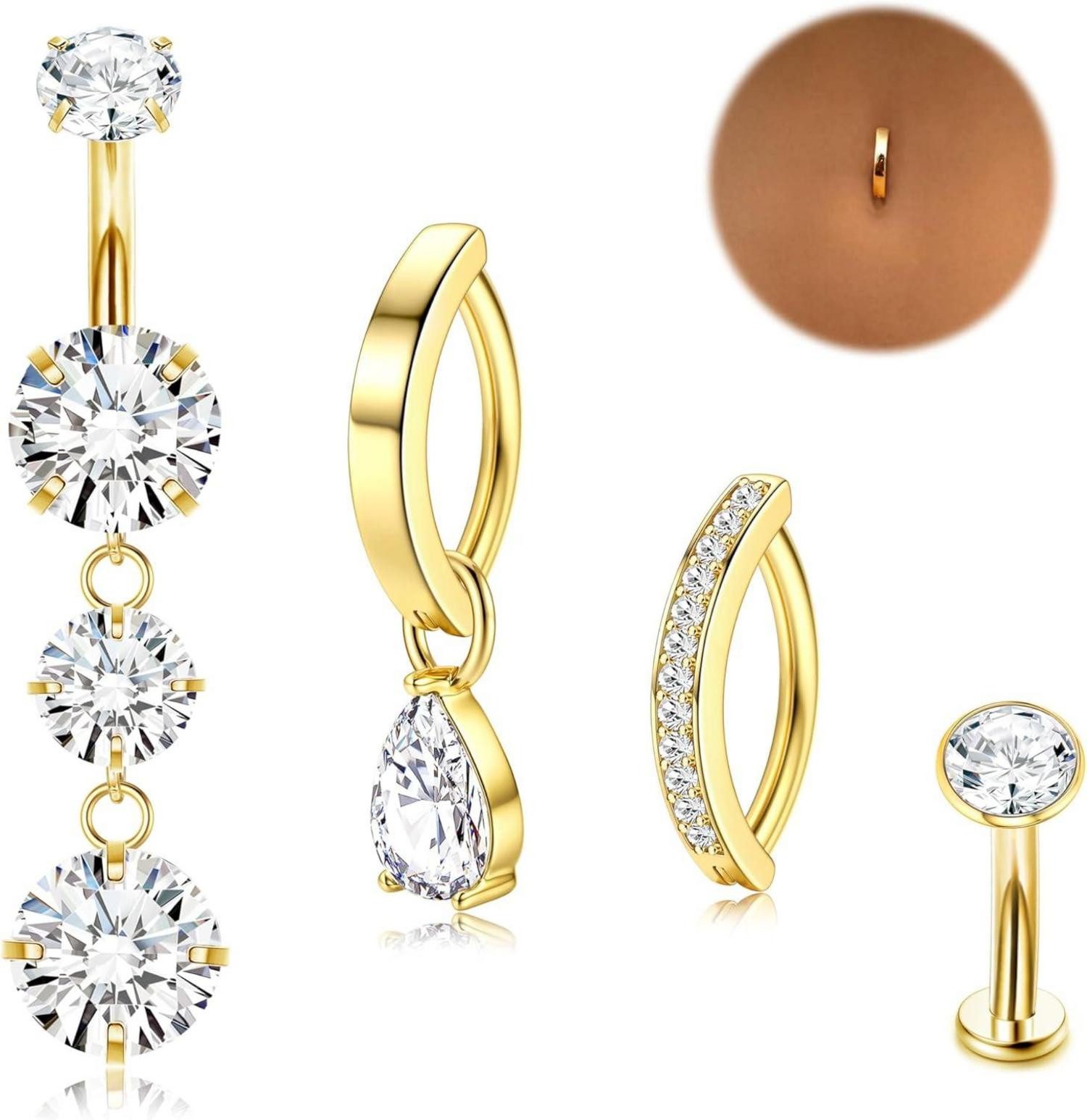 Bauchnabelpiercing-Set 14G Bauchnabelpiercing Chirurgenstahl Silber/Gold CZ Ring Set