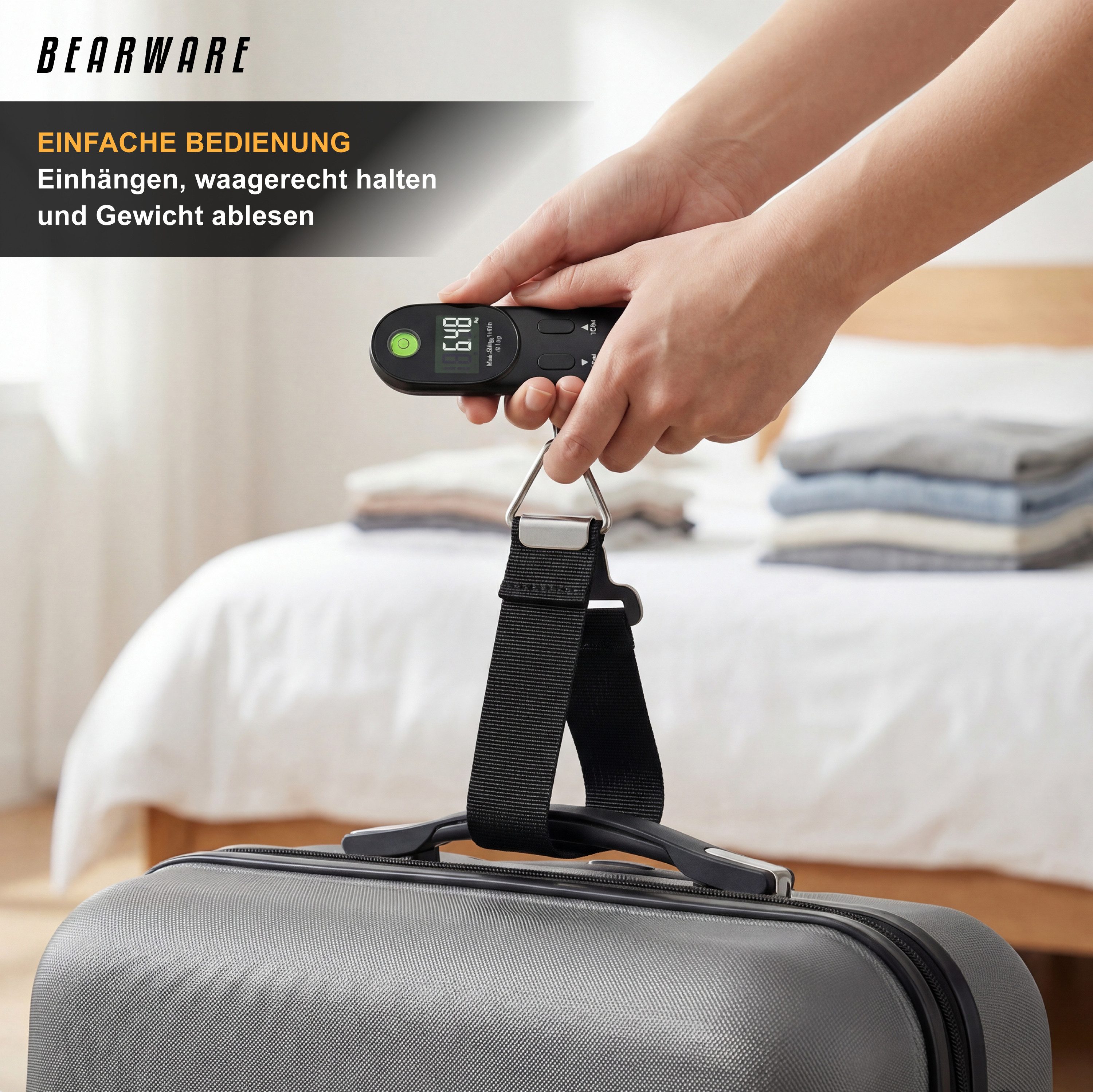 BEARWARE Kofferwaage digital mit Haken & Wiegeband, bis zu 50 kg, für Reisen, Gepäckwaage, Tragkraft 50 kg, (1-tlg), Hängewaage, Reisewaage, 10g genau, Wasserwa – Bild 4 von 5