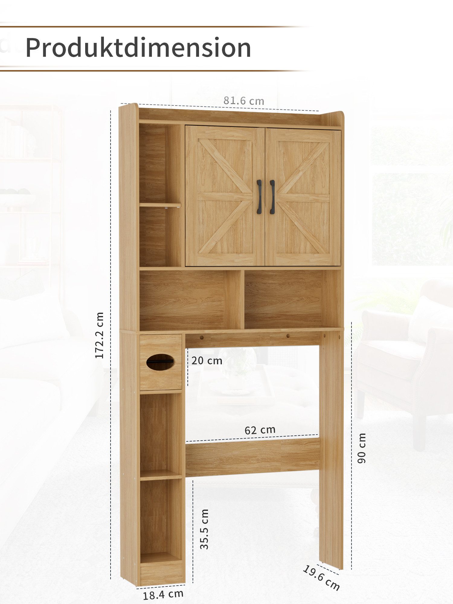 FiveWillowise Badkommode Badezimmerregal mit Schrank - 82x20x172 cm (1 St), Eiche Rattan, Toilettenschrank mit Türen & Regalen