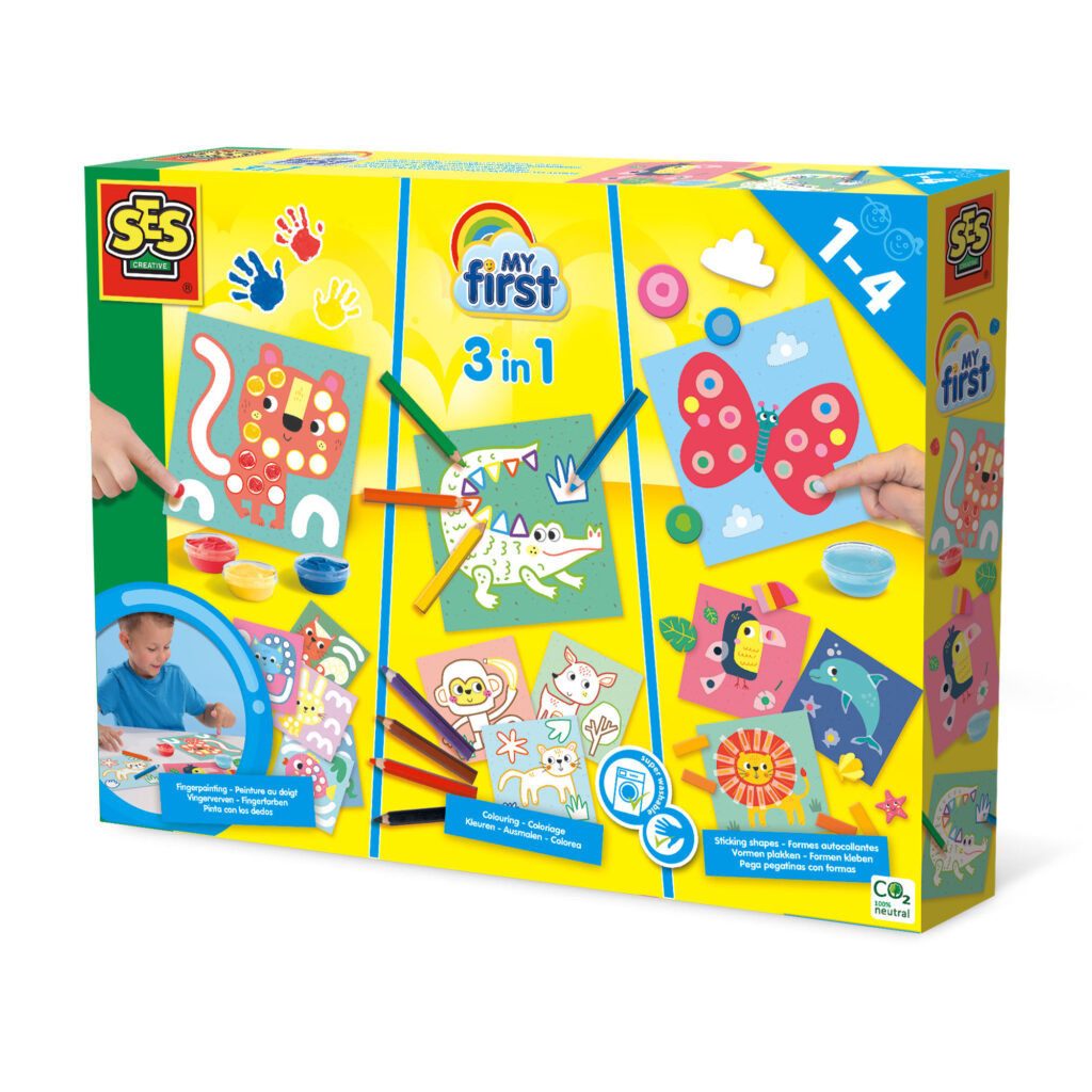 SES Creative Spiel My first – 3 in 1 Fingerfarben, Ausmalen und Formen kleben