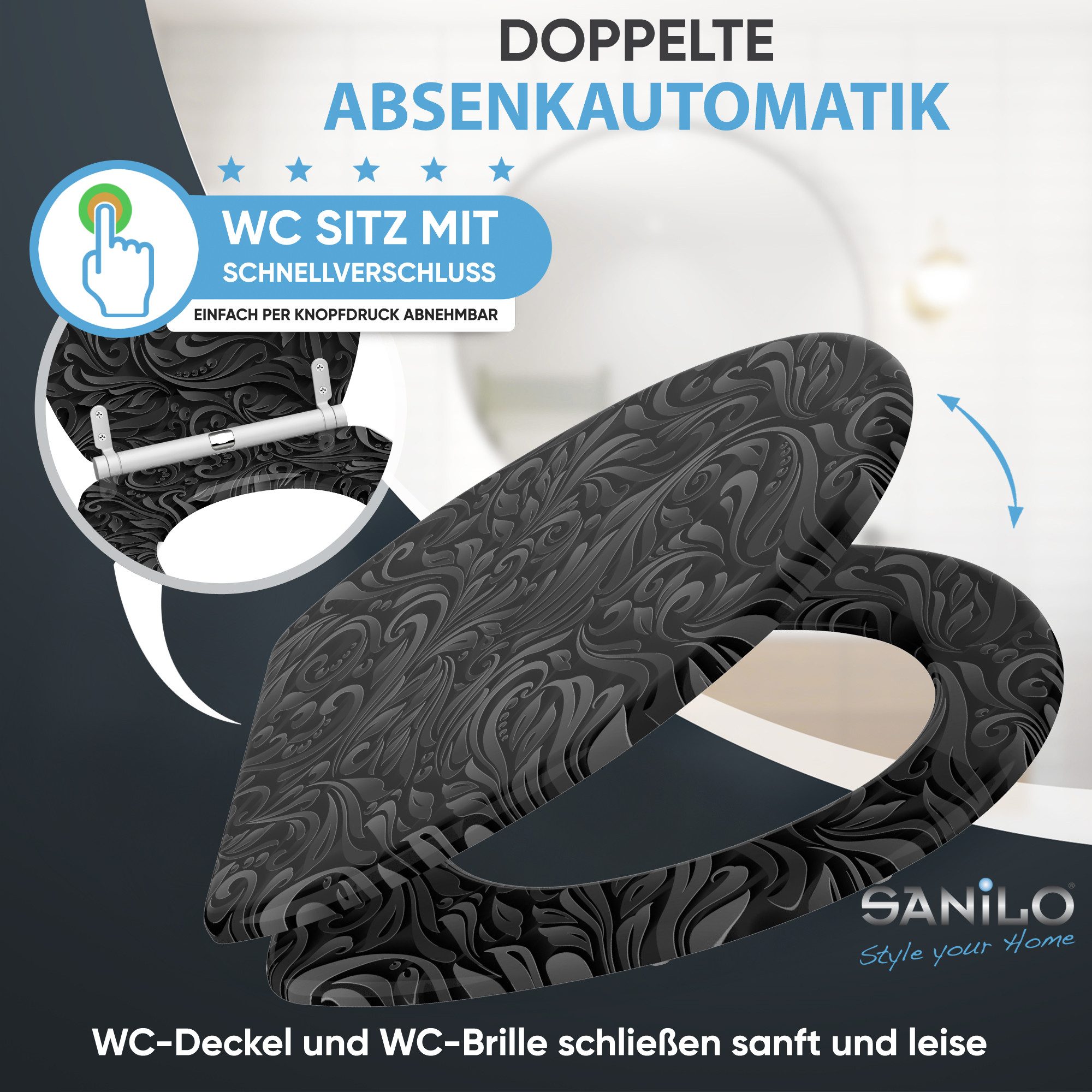 Sanilo WC-Sitz Floral mit Absenkautomatik & Quick Release, hochwertig, abnehmbar, leichte Montage von oben, mit Schraubenzieher
