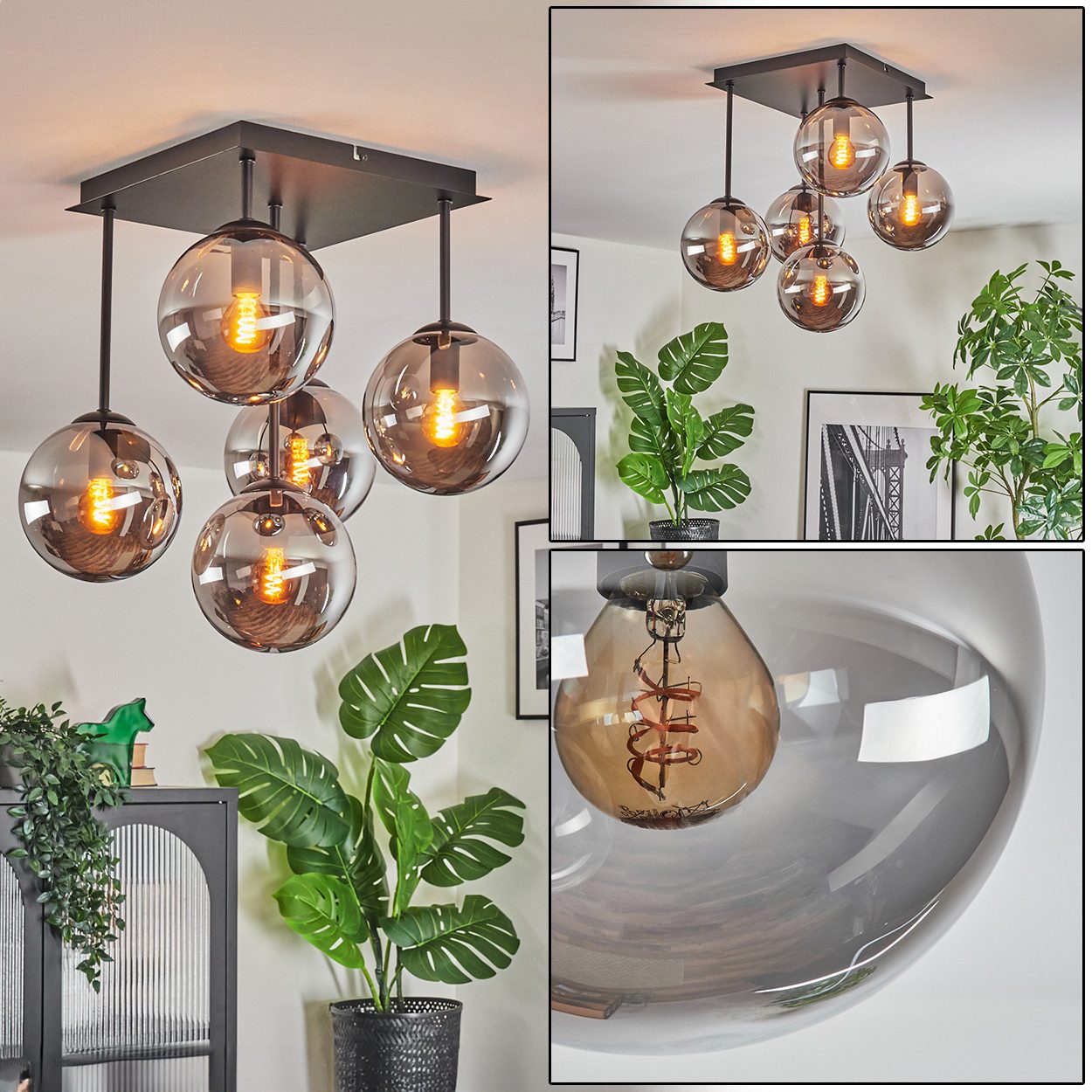 hofstein Deckenleuchte Deckenlampe aus Metall/Glas in Schwarz/Rauchfarben, günstig online kaufen