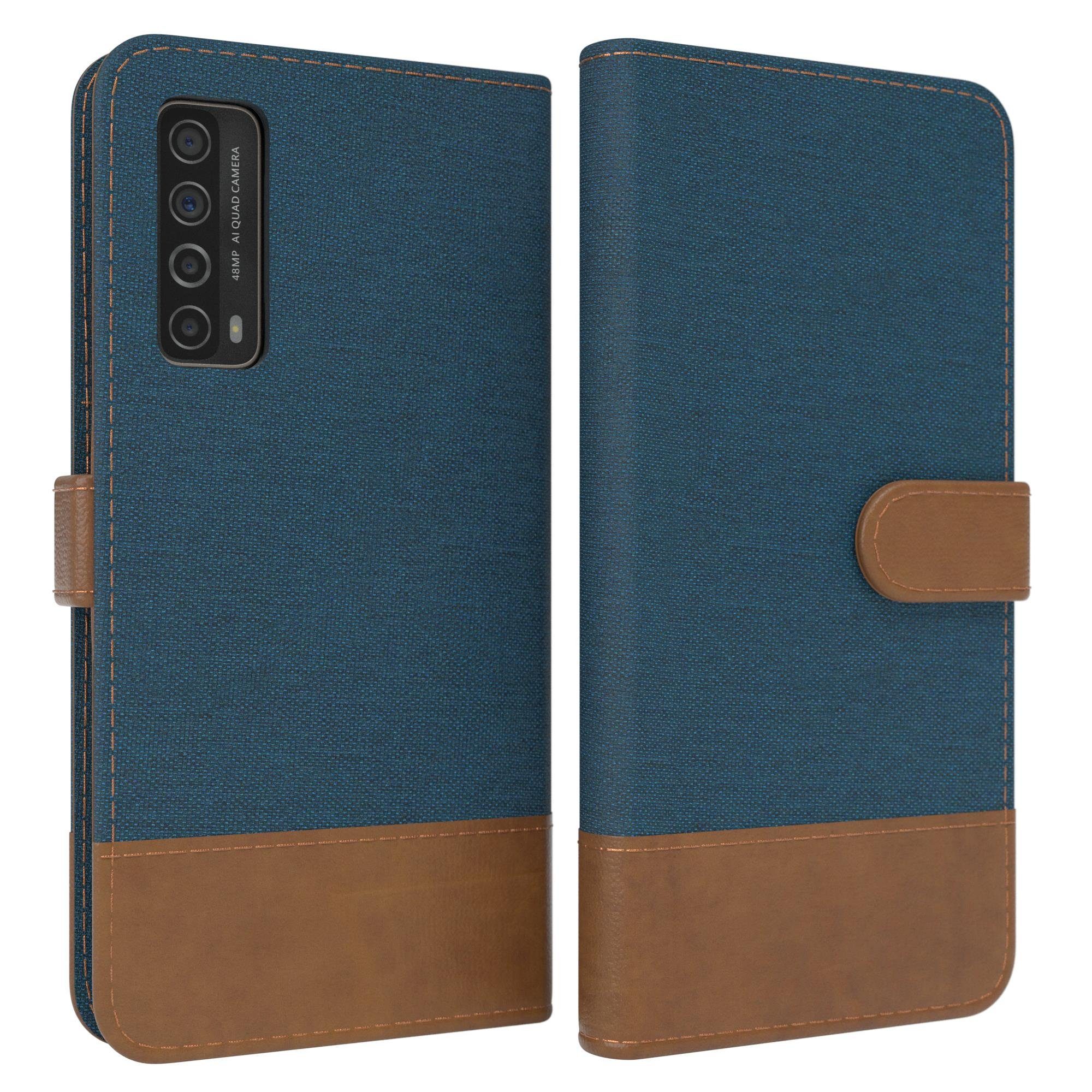 EAZY CASE Handyhülle Bookstyle Jeans für Huawei P Smart 2021 / Y7a 6,67 Zoll, Klappcase mit Standfunktion und Kartenfach Stoff Schutzhülle Blau