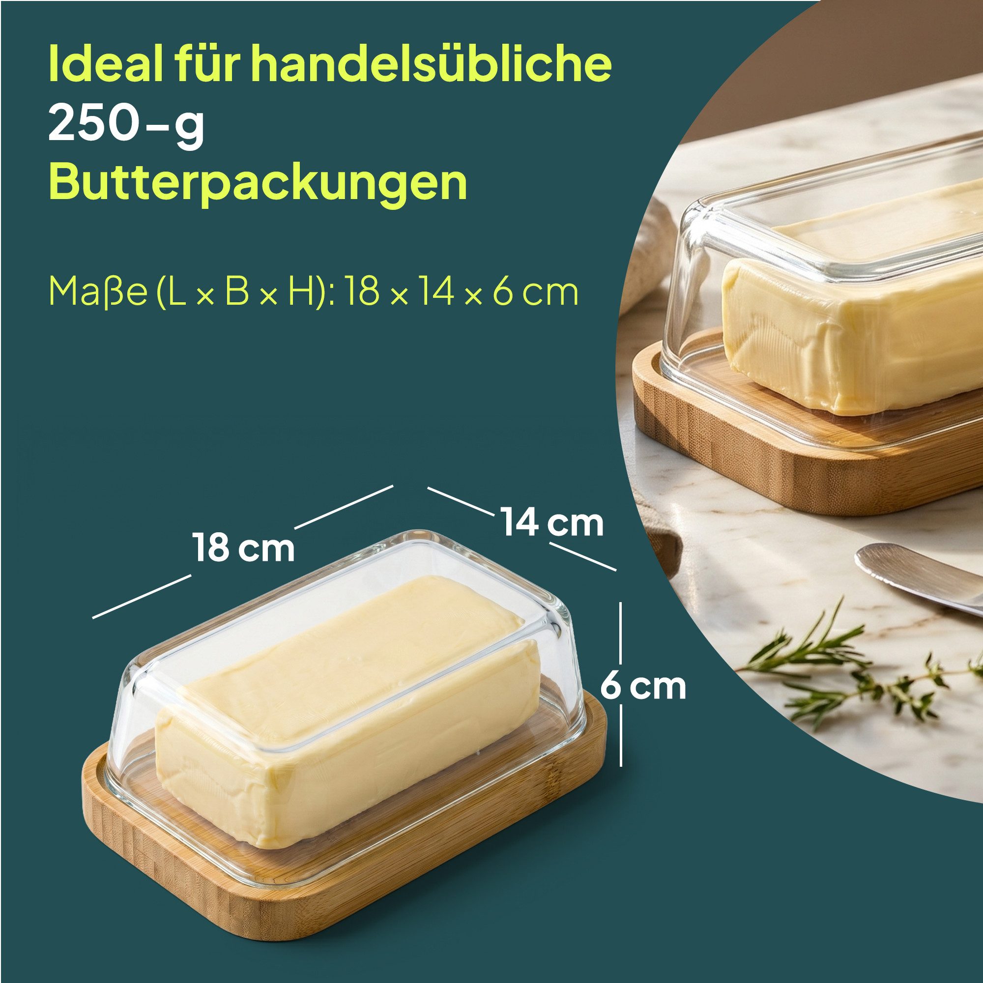 uandu home Butterdose Glas & Bambus – Borosilikat Glasdeckel, (mit FSC-zertifiziertem Bambusboden – Luftdichte Butterglocke für 250g Butter – Butterschale, Geschenkidee, Butter Box Dose, Butterbox)