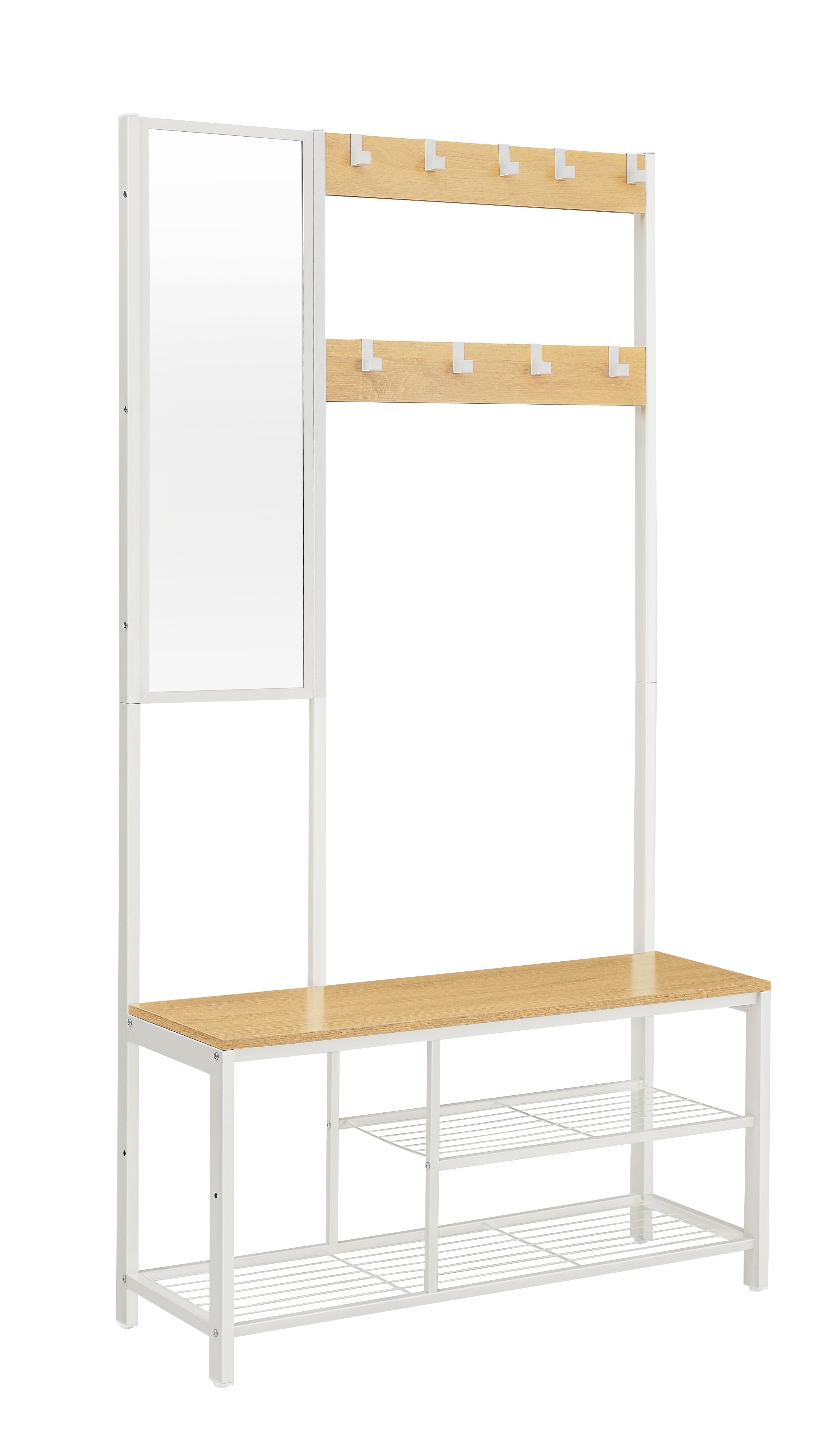 Garderobenständer Eichenfarben-Weiß Spiegel, mit VASAGLE Sitzfläche Garderobe, Schuhregal
