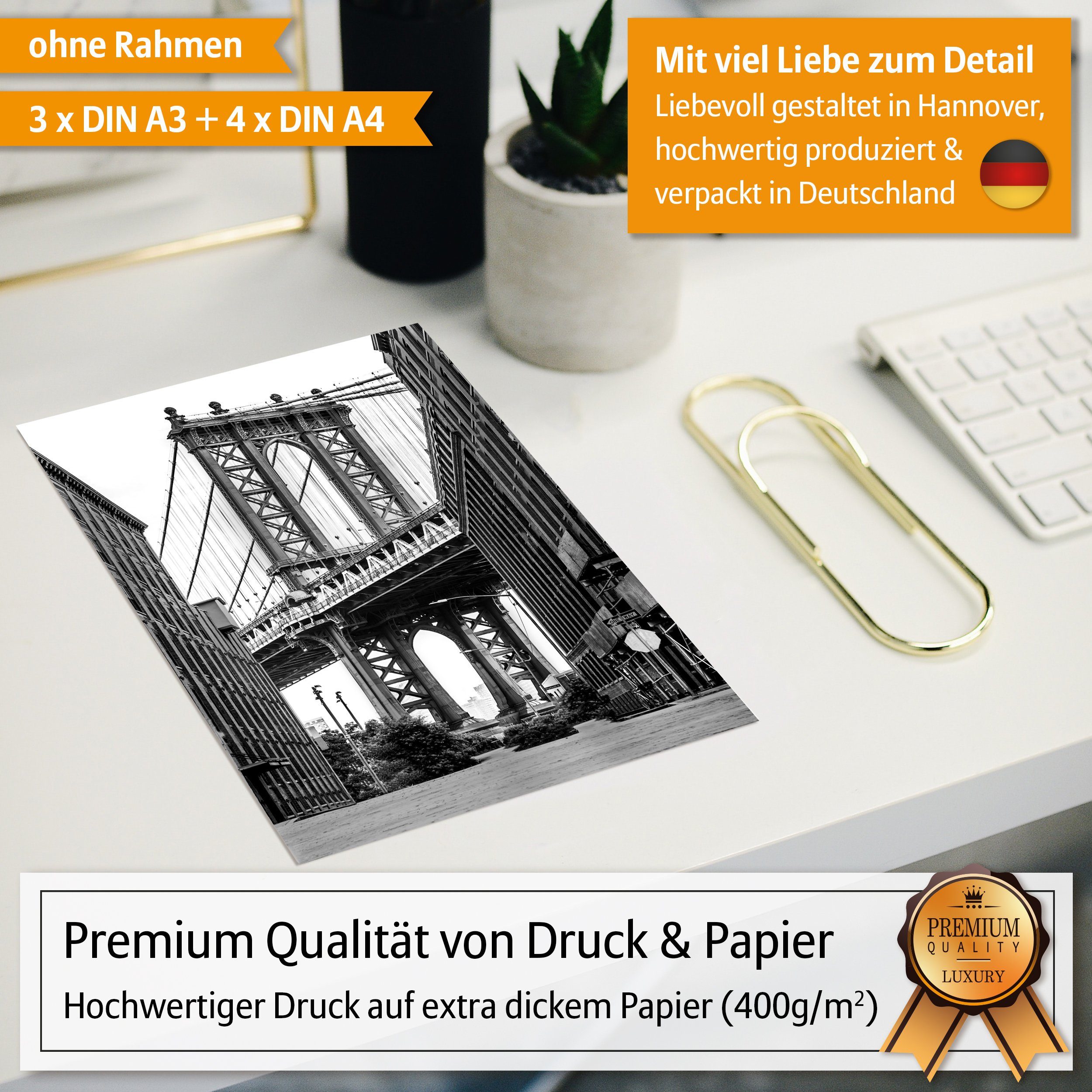 Hyggelig Home Poster New York, Premium Poster Set OHNE & MIT Rahmen - Wandbild schwarz weiß, Stadt (Set, 7 St), Collage Broadway, Qualitätsdruck dickes Papier