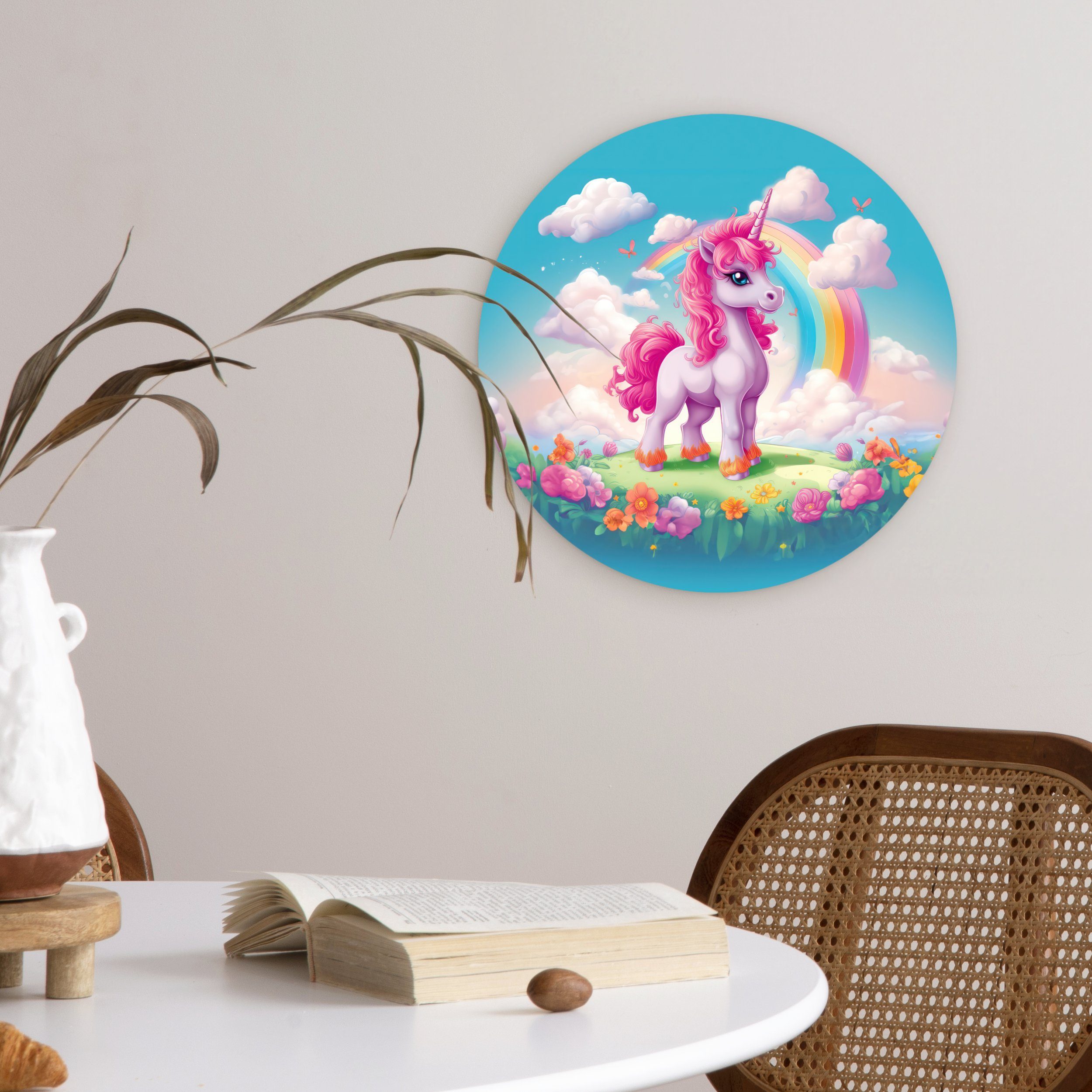 MuchoWow Gemälde Einhorn - Mädchen - Blumen - Regenbogen - Einhorn, Fotodruck (1 St), Kreis Wanddekoration, Rundes Wandbild, 30x30 cm