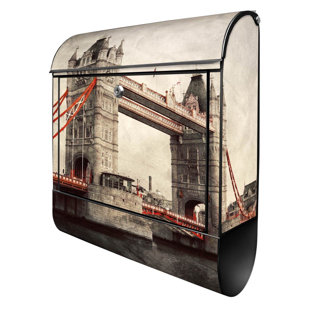 banjado Wandbriefkasten Stahl London Bridge (Wandbriefkasten witterungsbeständig, pulverbeschichtet, mit Zeitungsfach), 39 x 47 x 14cm schwarz