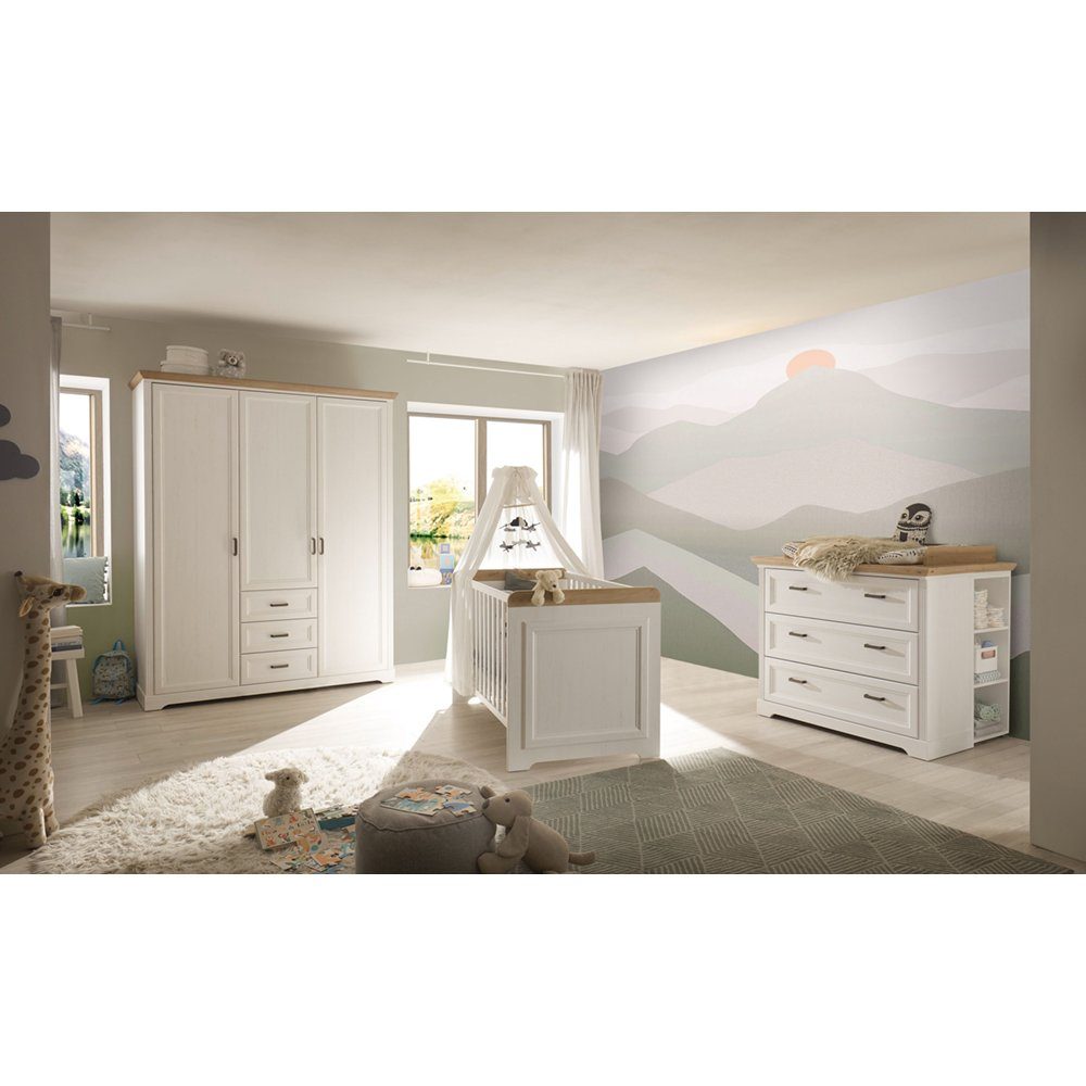 Lomadox Babyzimmer-Komplettset JASPER-78, (3-tlg), Anderson Pine Nb. weiß, Eiche Nb.,Gitterbett, Kleiderschrank, Kommode