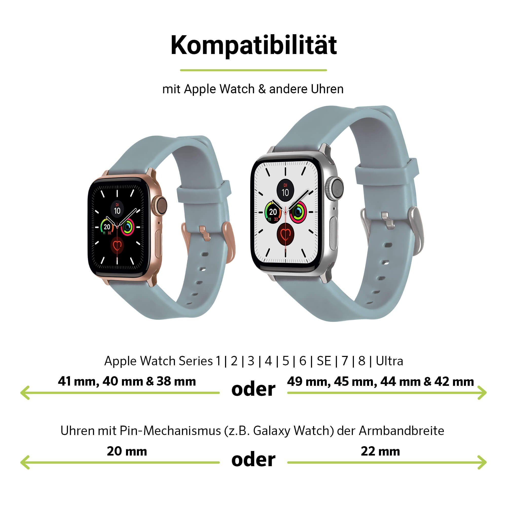 SE (41mm), Artwizz & WatchBand 3-1 Adapter, Smartwatch-Armband Hellgrau, Watch 6-4 Armband (38mm) mit (40mm), Silikon Apple Silicone, 9-7