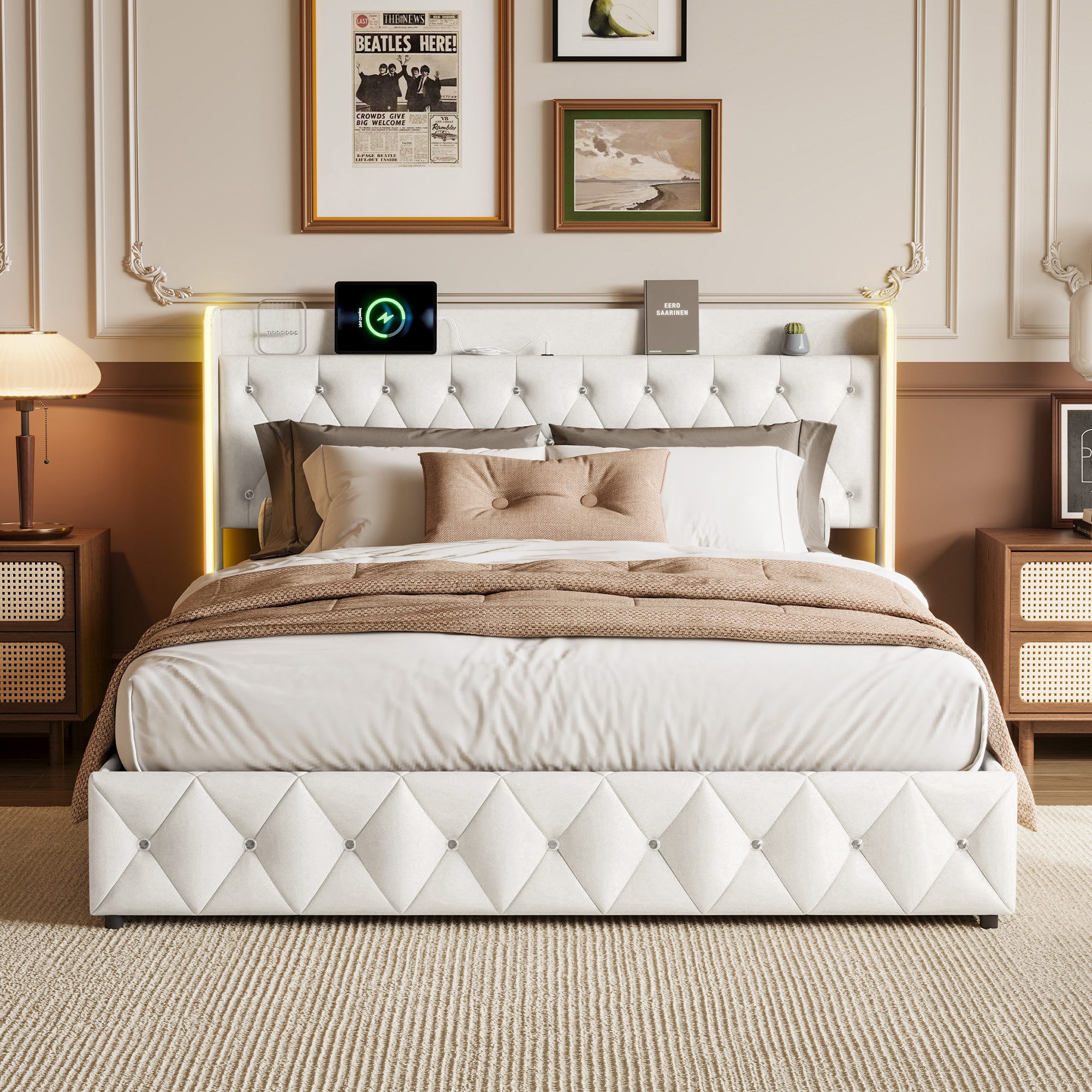 zebery Polsterbett Doppelbett mit LED Beleuchtung und Ladefunktion (Set, 1-tlg., Hydraulisches Bettgestell, Gestepptes Knopfdesign), Jugendbett Stauraumbett, Sa – Bild 2 von 5