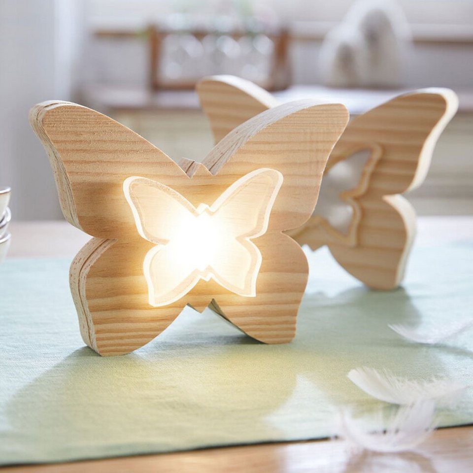 Home-trends24.de Dekoobjekt LED Deko Schmetterling Figur Frühling Holz  Tischdeko
