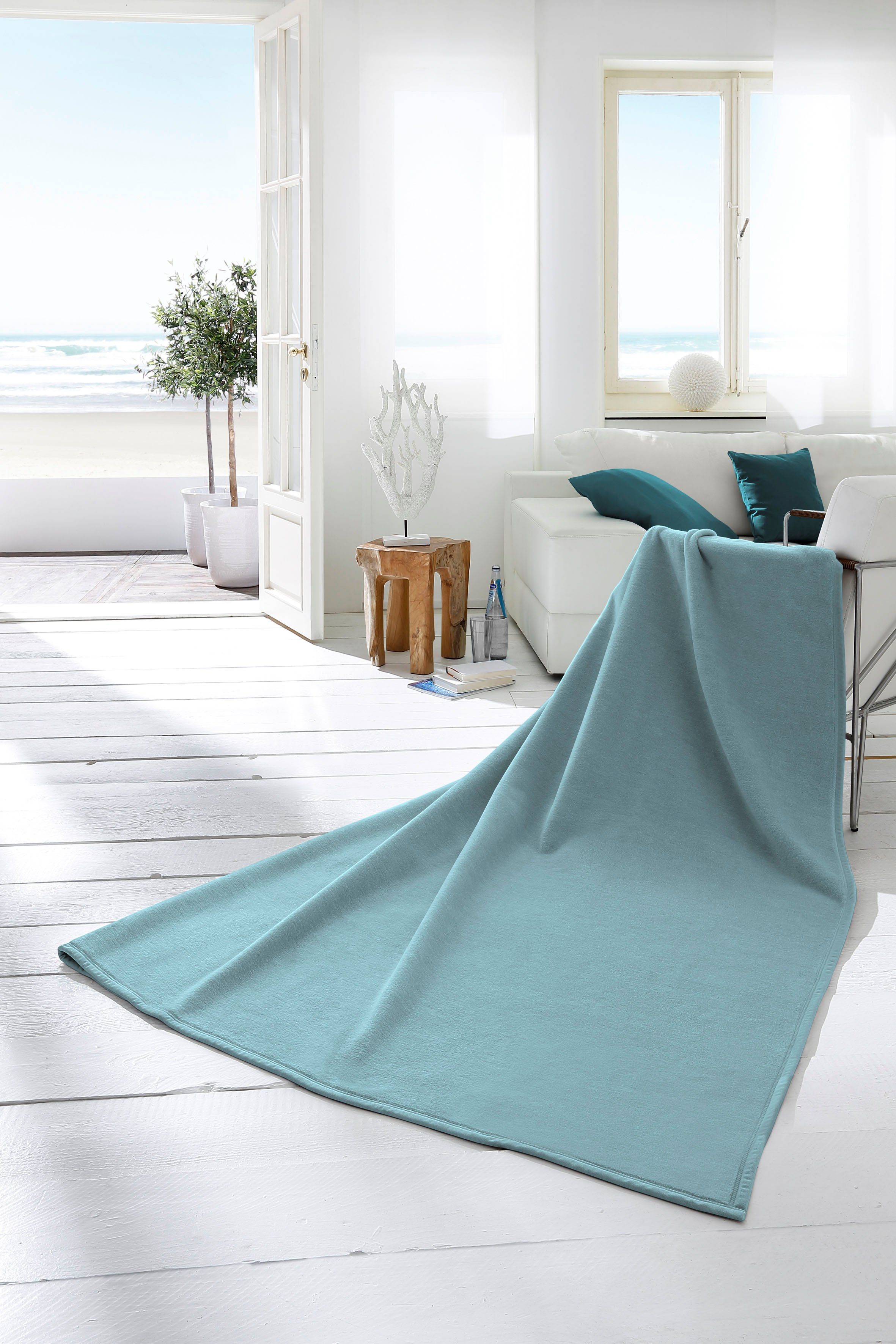 Design, Wohndecke Uni Biederlack, Kuscheldecke Wohndecke Home, Cotton im aqua