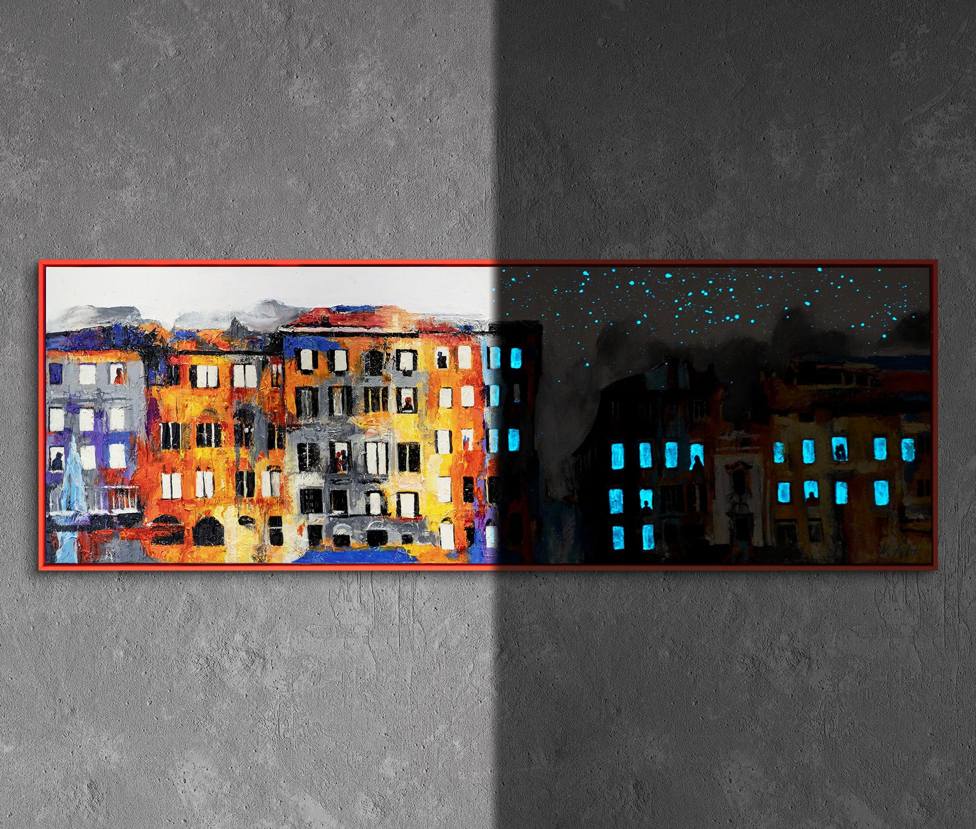 YS-Art Gemälde "Kleinstadt", Architektur, nachtleuchtendes Acryl Leinwandbild einer Großsadt Skyline