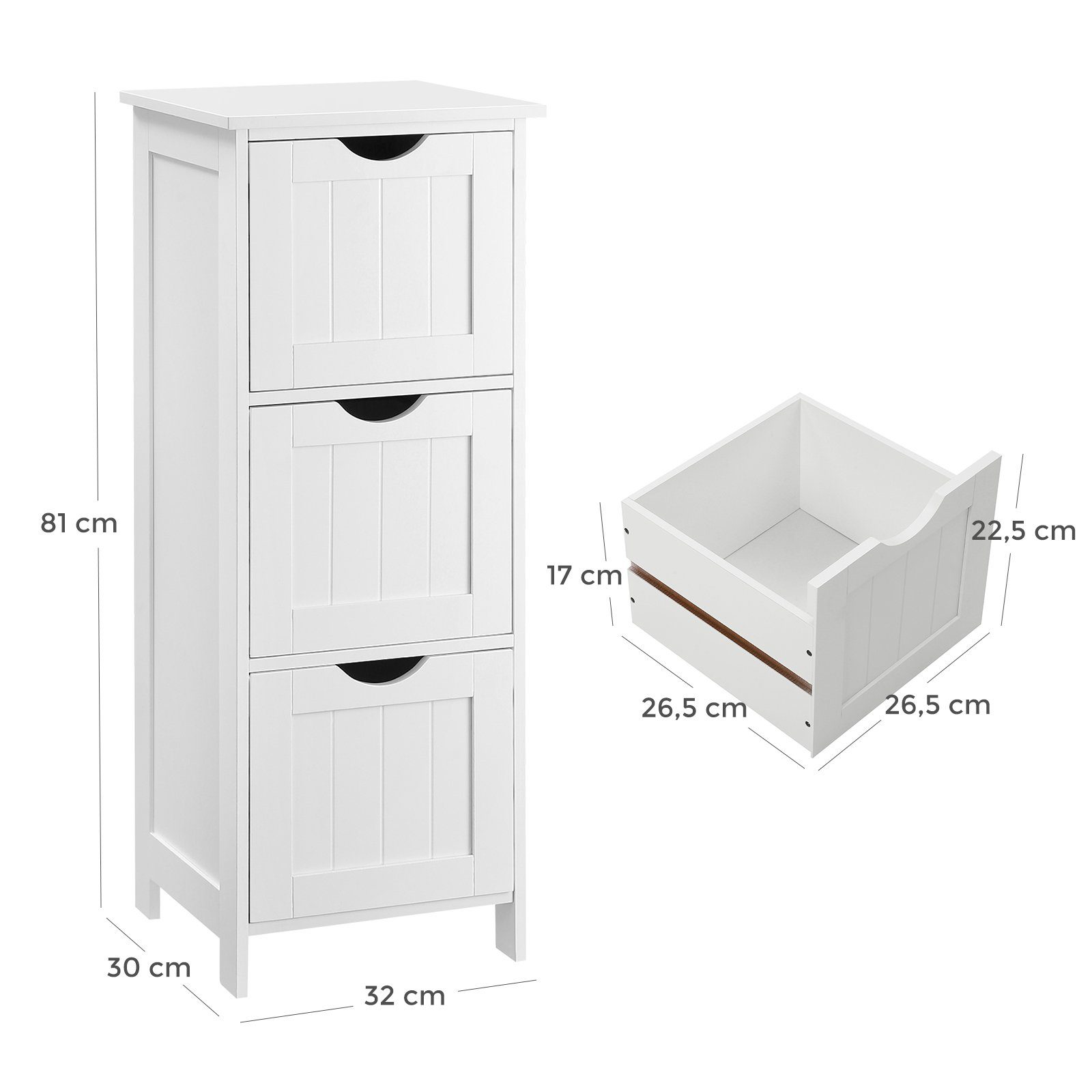 Schubladen, 30 x 3 32 Badezimmerschrank, VASAGLE Badkommode x 81 mit cm