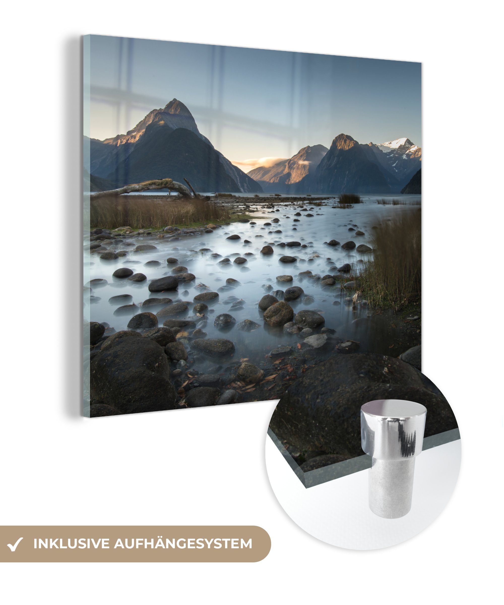 MuchoWow Acrylglasbild See und Berge im Fiordland-Nationalpark, (1 St), Glasbilder - Bilder auf Glas Wandbild - Foto auf Glas - Wanddekoration