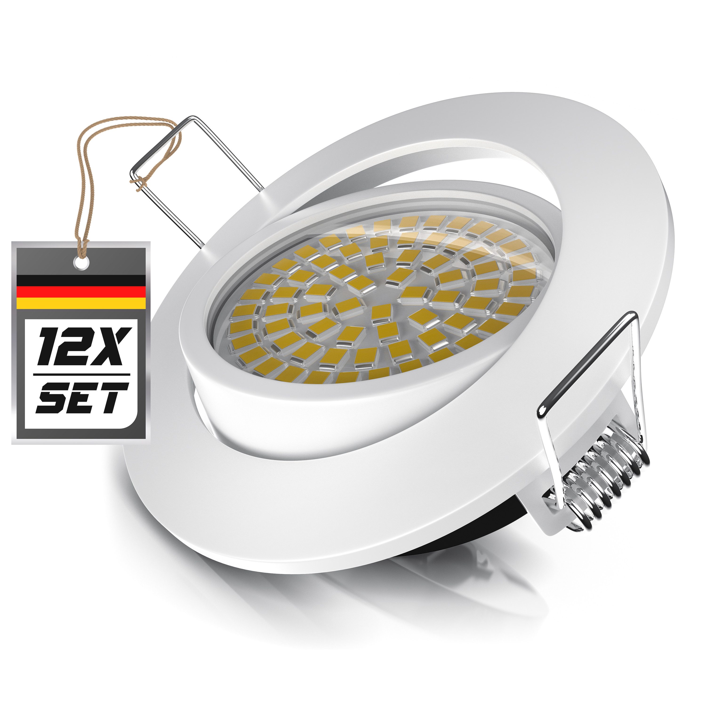 Brandson LED Einbaustrahler 12er Set LED Einbaustrahler Deckenspots 3000K dimmbar weiß, Dimmfunktion; Schwenkmechanismus (30° vertikal), LED fest integriert, warmweiß, Slim Einbauleuchte, Einbauspot Edelstahl Optik, Alu Deckenstrahler