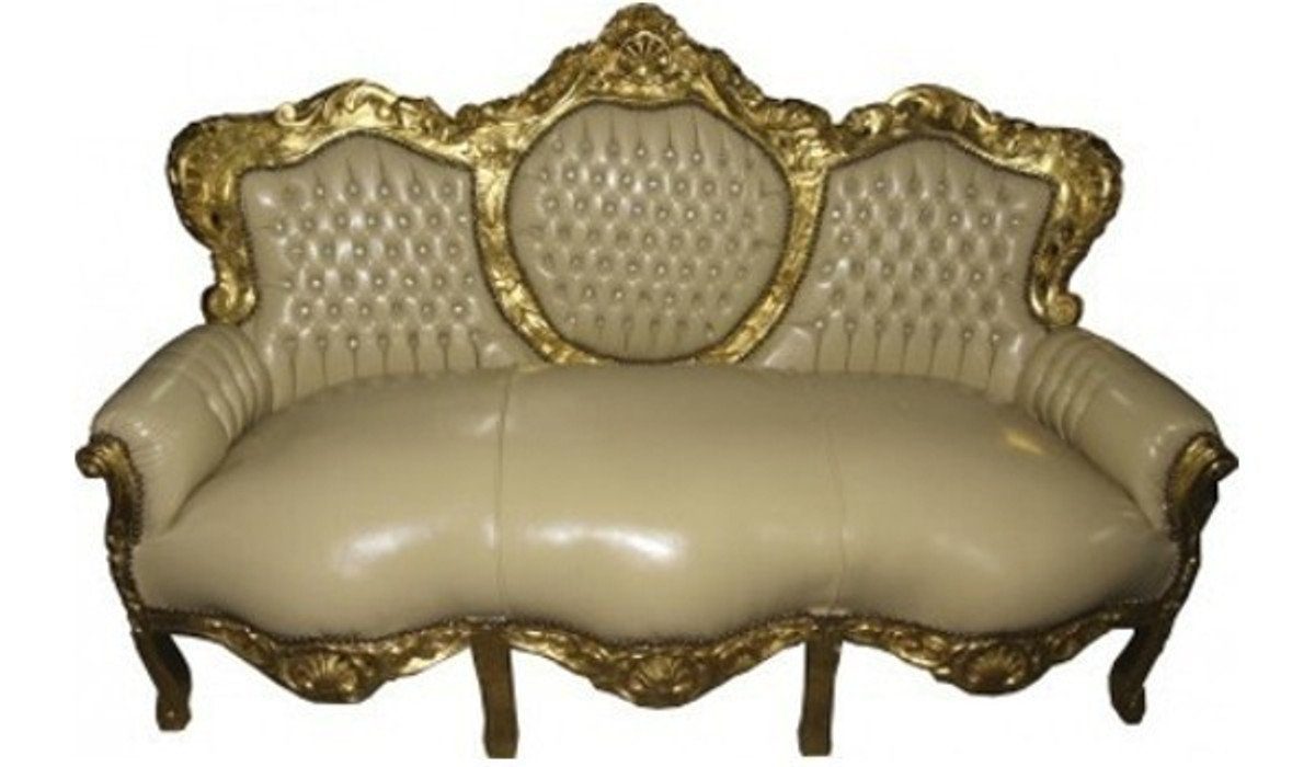 Casa Padrino Sofa Barock Sofa Möbel Gold King Lederoptik Antik - Stil / Creme