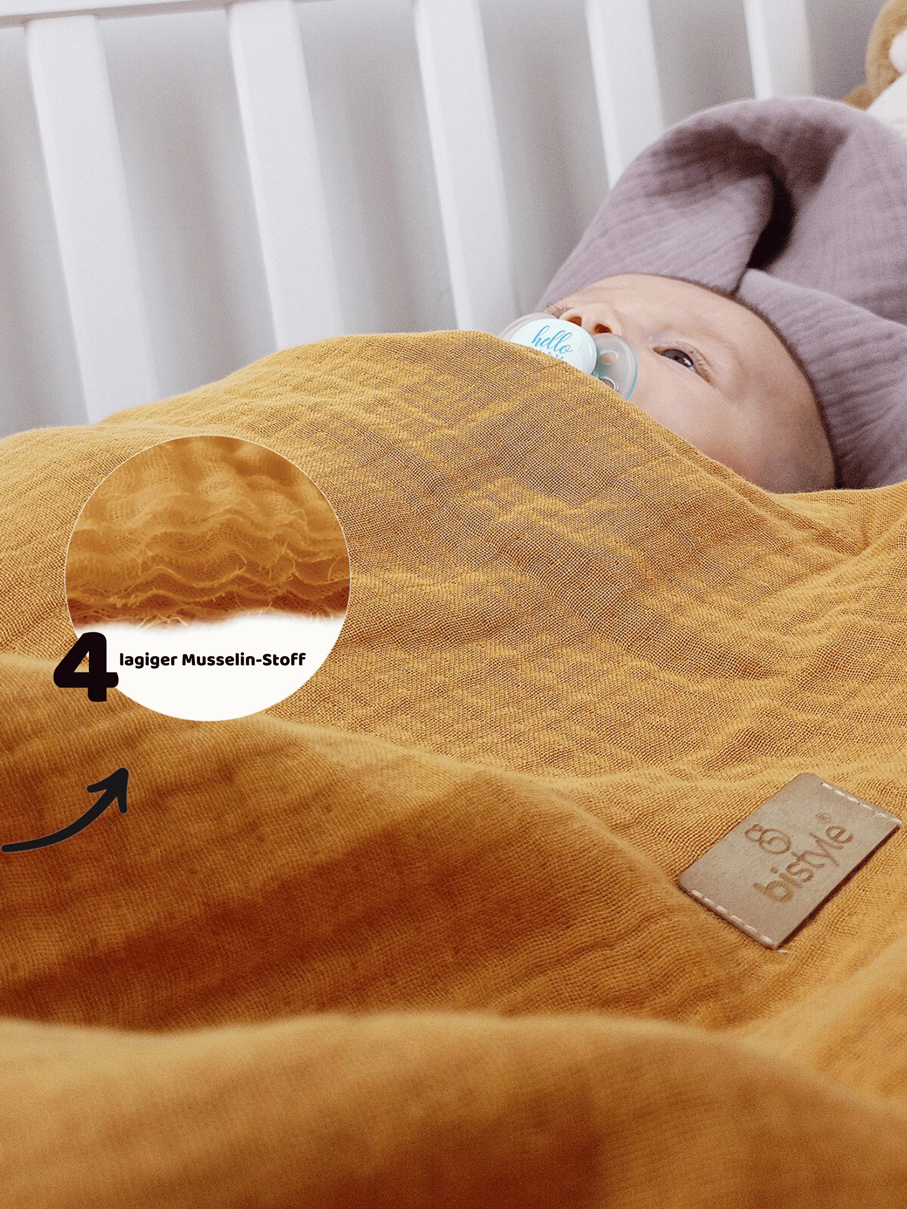 Babydecke Musselin-Decke 4 lagig 120x120, Weiche & Atmungsaktive Decke für Babys, bistyle, GOTS zertifiziert, 100% Bio-Baumwolle, Geschenk Junge & Mädchen
