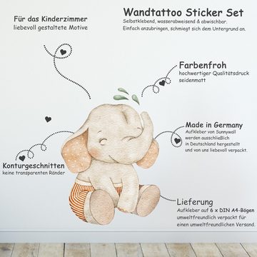 Sunnywall Wandtattoo Elefant - Wandtattoo Kinderzimmer Baby Wandaufkleber (6 St), konturgeschnitten