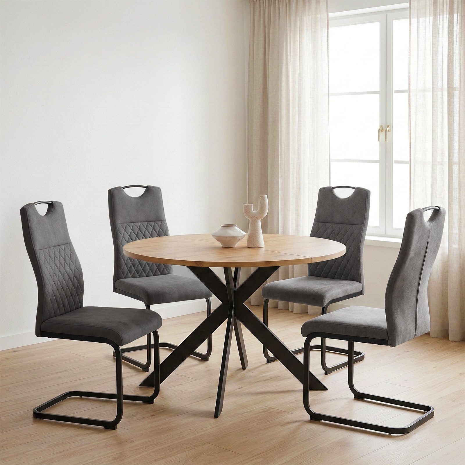 Jiexi Essgruppe Tisch- und Stuhlset, Runder Esstisch (115×75 cm) mit 4 Stühlen