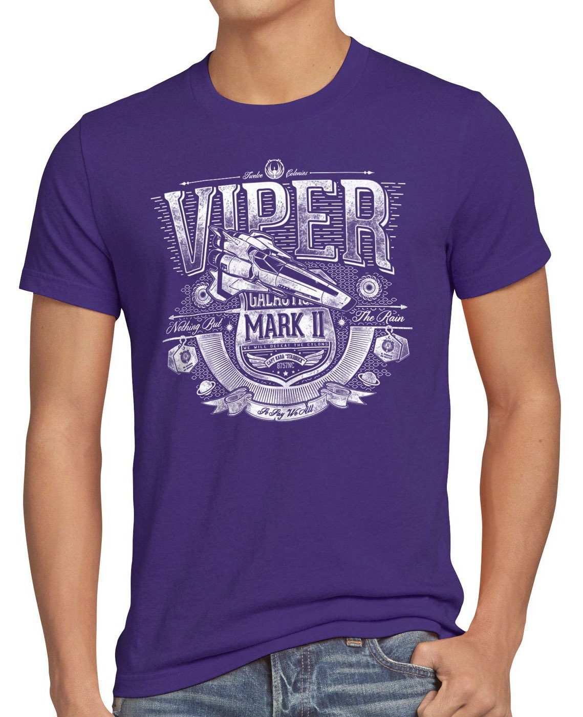 style3 Print-Shirt Herren T-Shirt Viper MK2 galactica kampfstern jäger galaktika battlestar zylon lila
