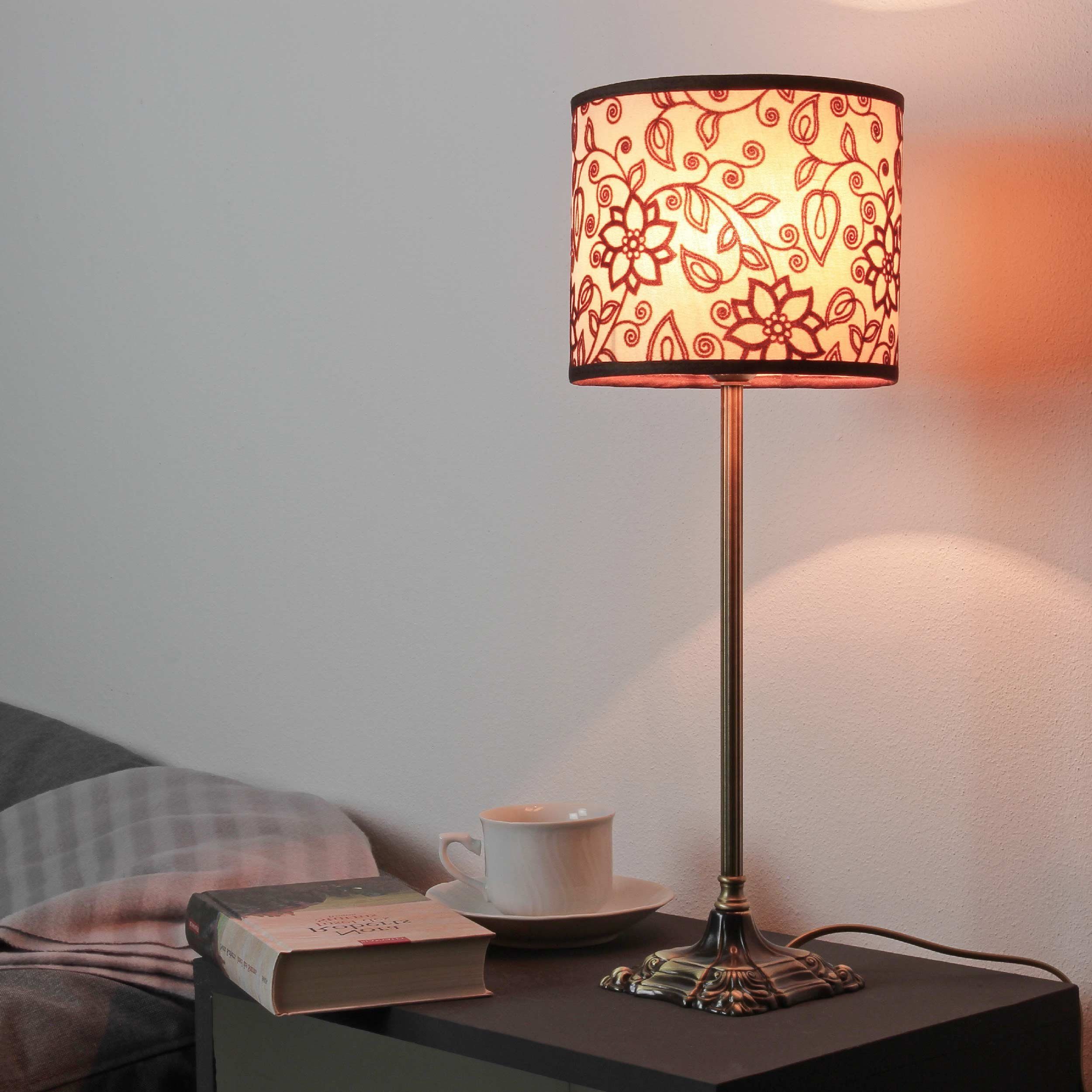 Messing Tischlampe ohne HABRIEL, hell Licht-Erlebnisse Stoff Leuchtmittel, Florale Premium E14 Nachttischlampe bronziertes