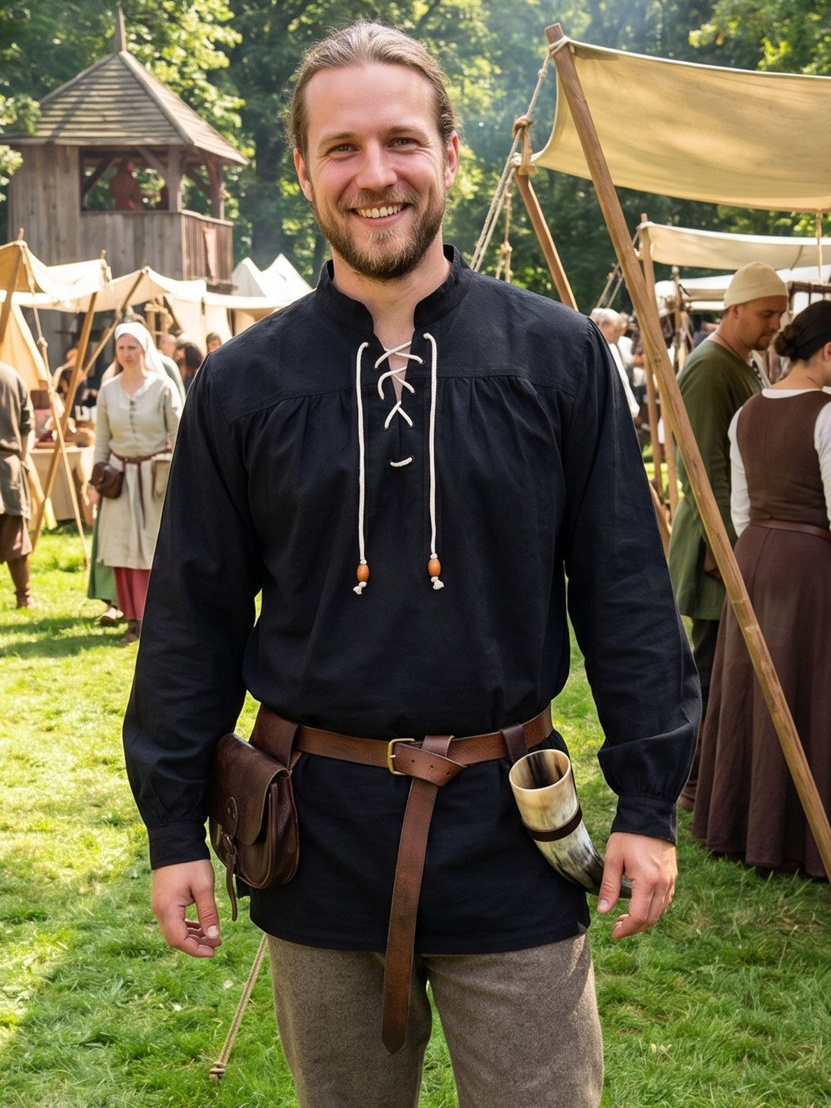 Vehi Mercatus Wikinger-Kostüm Klassisches Mittelalter Hemd oder Schnürhemd schwarz "Anno"
