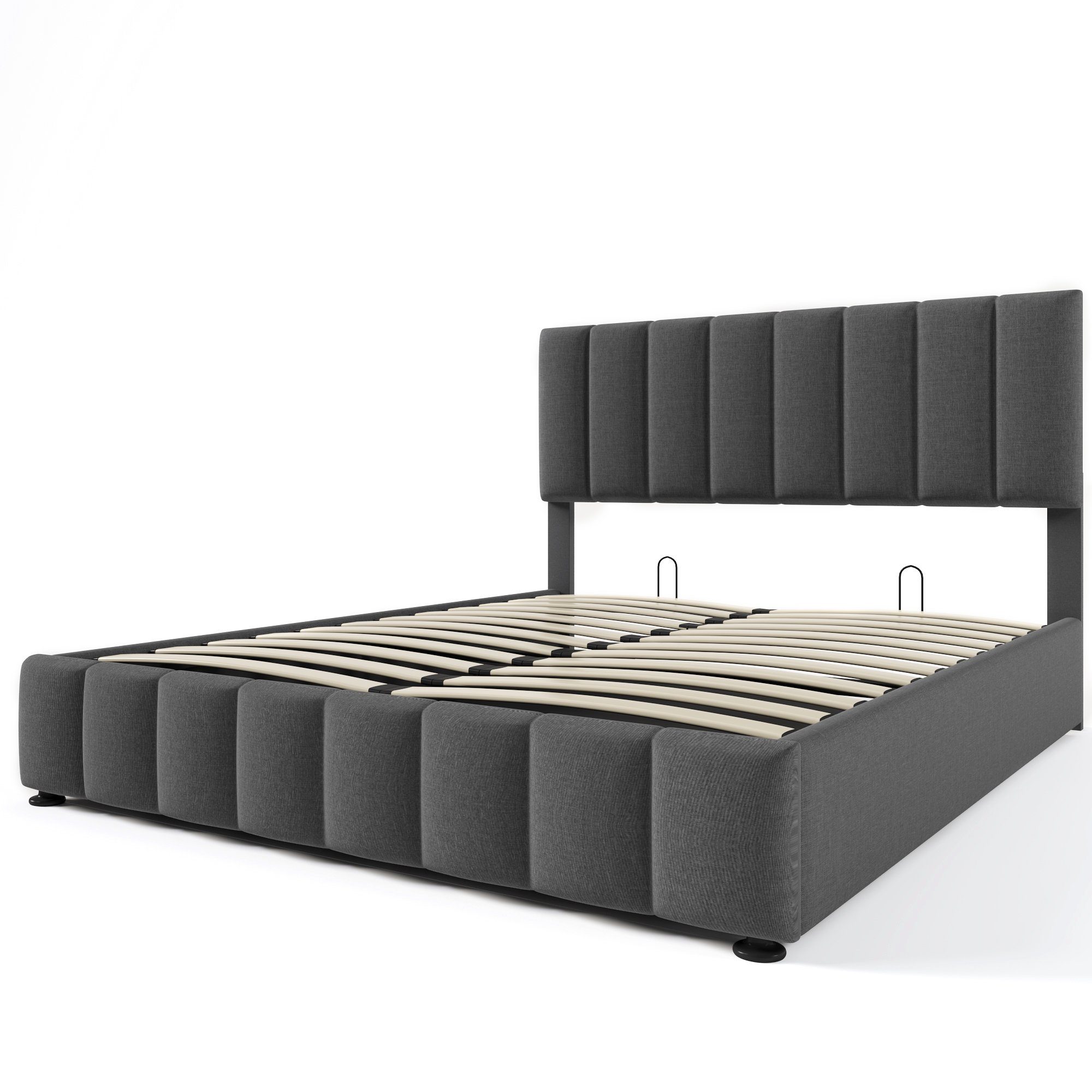 Ulife Polsterbett Doppelbett mit aus 140x200cm Kopfteil, großem verstellbares Lattenrost graues (Bett), Stauraum, und hydraulisches Metallrahmen, Leinenmaterial