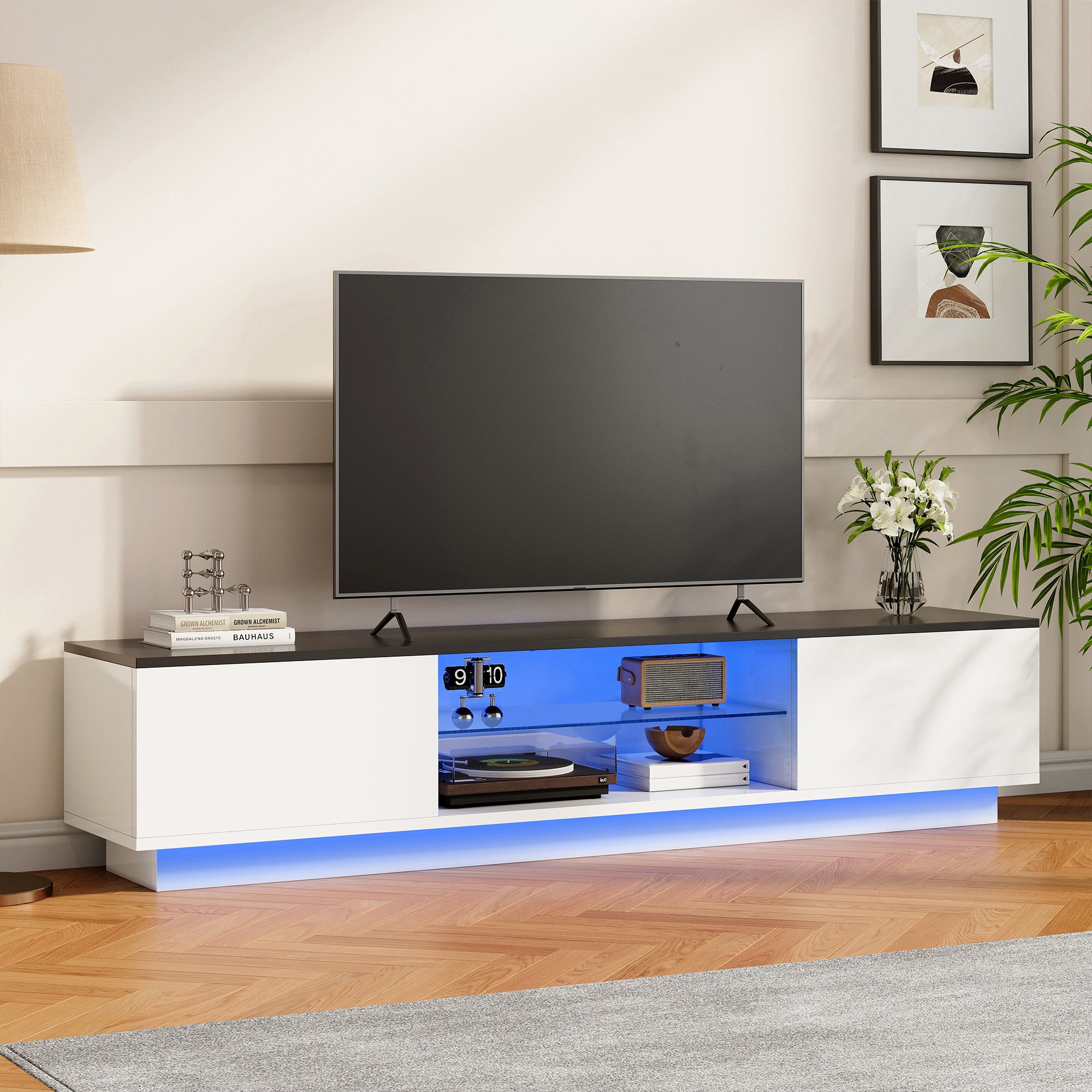 Furnishings Home TV-Schrank LED Lowboard Fernsehschrank, Breite 160 cm (1-St., Mit RGB-LED-Leuchten, 1 offenes Regalfach und Glasregal Fächern) Fernsehschrank 140cm, Fernsehtisch für 65 Zoll & kleinere TVs
