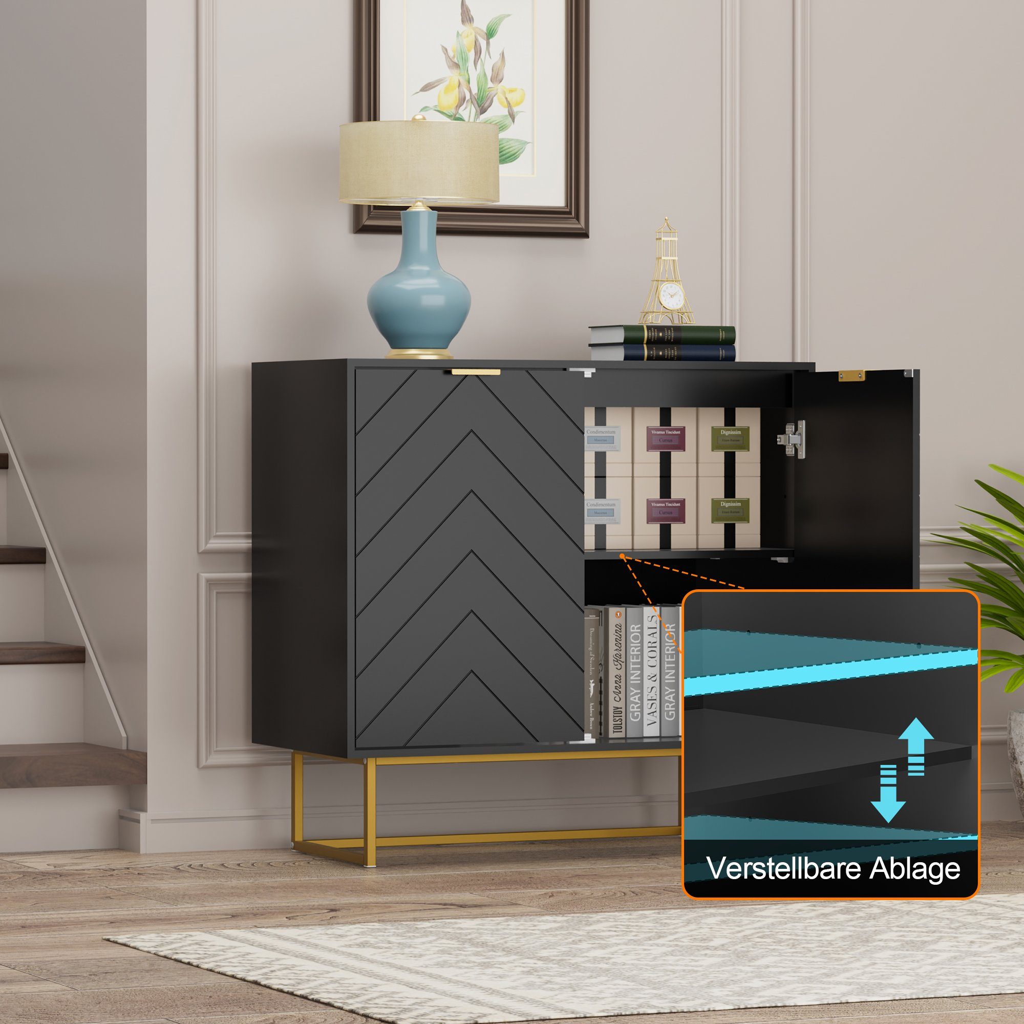 UEV Sideboard Kommode mit 2 Türen & Verstellbaren Ablagen & Metallfüße 80x40x77,5cm (mit Kippschutz), Küchenschrank Mehrzweckschrank für Flur Wohnzimmer Schlafz – Bild 4 von 5