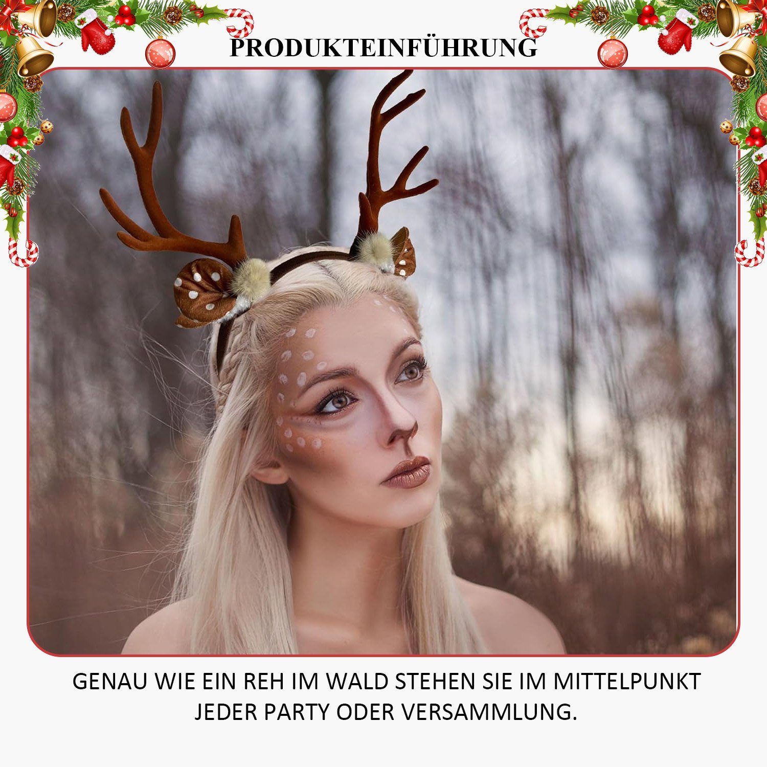 Mit Weihnachts-Geweih und 2-Geweih MAGICSHE Ohren, Rentier Stirnband 1-tlg., Haarreif Haarband
