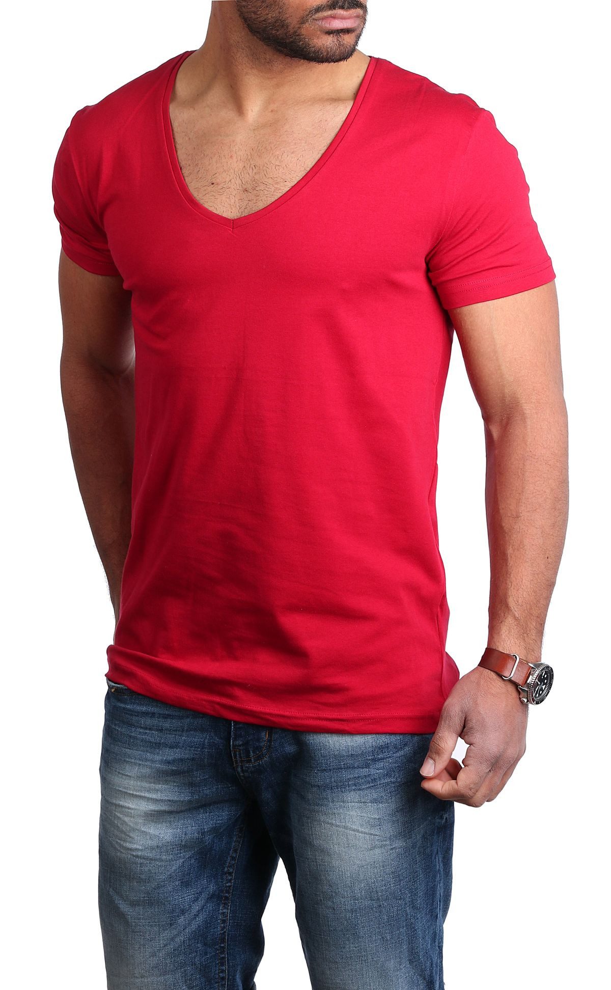 Young & Rich T-Shirt Herren Uni Basic extra tiefer Ausschnitt Unterziehshirt 1315 V-Ausschnitt unifarben kurzarm slim fit