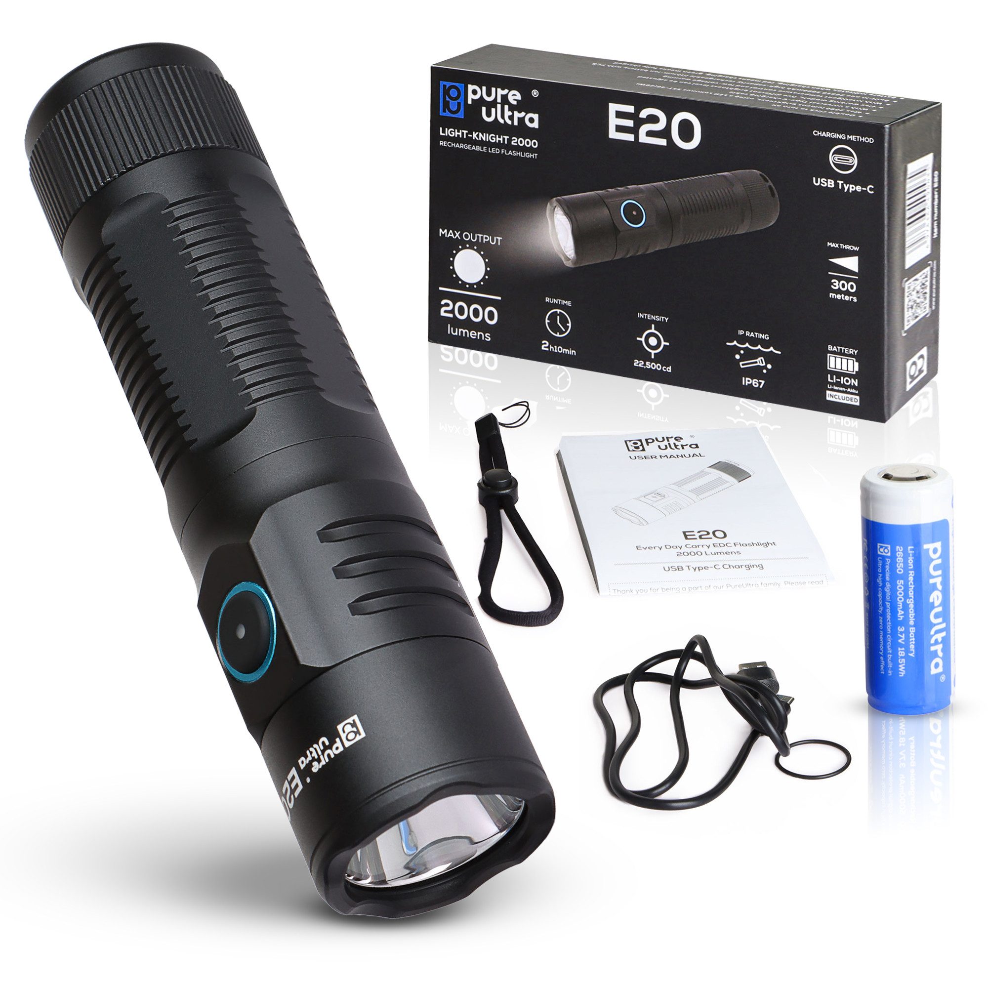 PureUltra LED Taschenlampe E20, USB-C direkt ladbar, IP67, 2000 Lumen, 5 Leuchtmodi, Akkuanzeige