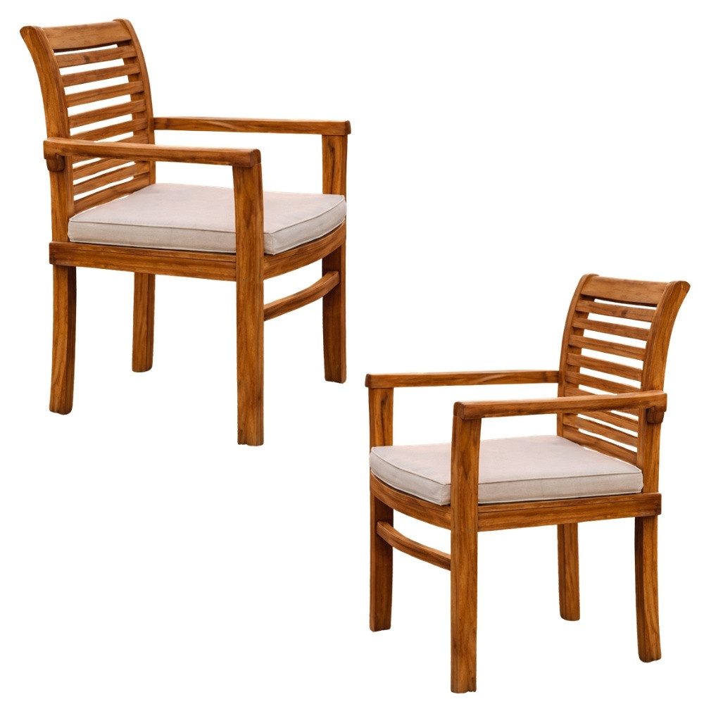 LebensWohnArt Gartenstuhl 2tlg. Set Teak Armlehnstuhl LETAK stapelbar Natural inkl.Sitzkissen