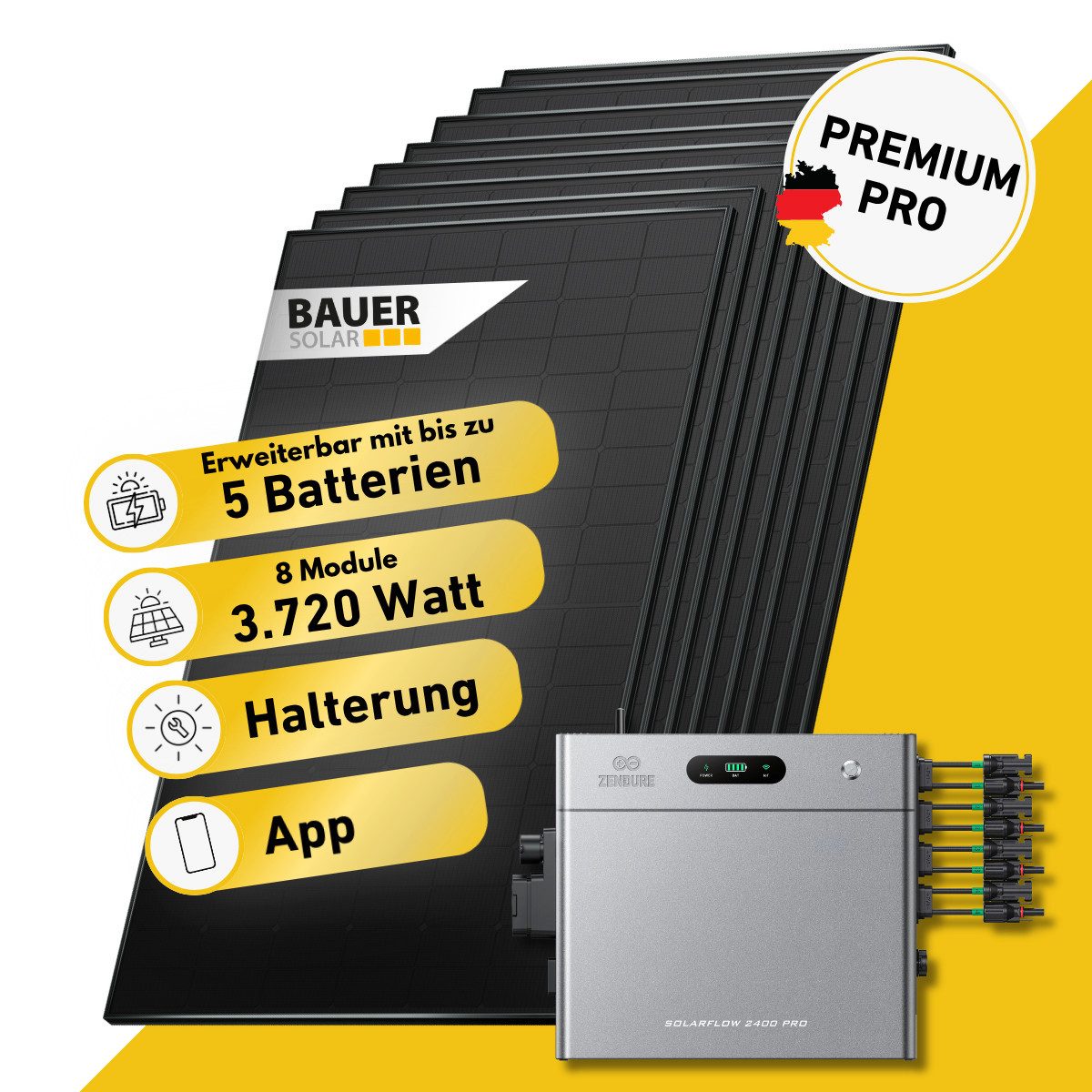 Balkonstrom Balkonkraftwerk 3600W Speicher Zendure SolarFlow 2400 Pro Komplettset bifazial, 3720 W, Monokristallin, (8x BAUER Solarmodul á 465 Watt, 1x Zendure SolarFlow 2400 Pro, 1-5 Zusatzspeicher AB3000L), Halterung für Dach, Fassade, Balkon & Garten, App & Plug&Play DE
