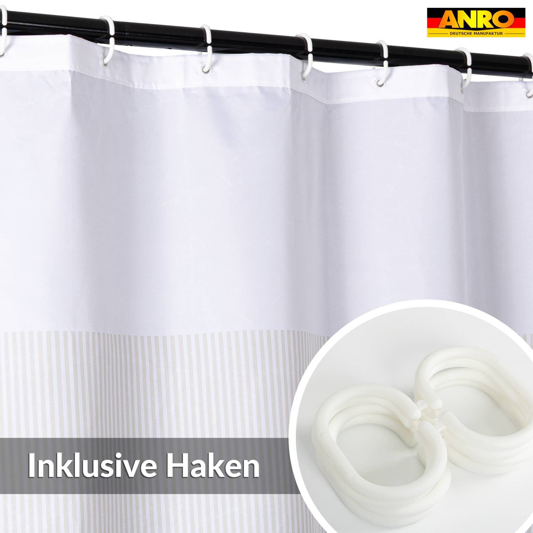 ANRO Duschvorhang FASTY Streifen Anti-Schimmel Polyester Badezimmervorhang Bad-Stoff Breite 120 cm (Packung, 1-tlg., Duschvorhang inkl. Aufhängeringe), robuster Vorhang Stangenaufhängung 120x200cm Klassik Beige