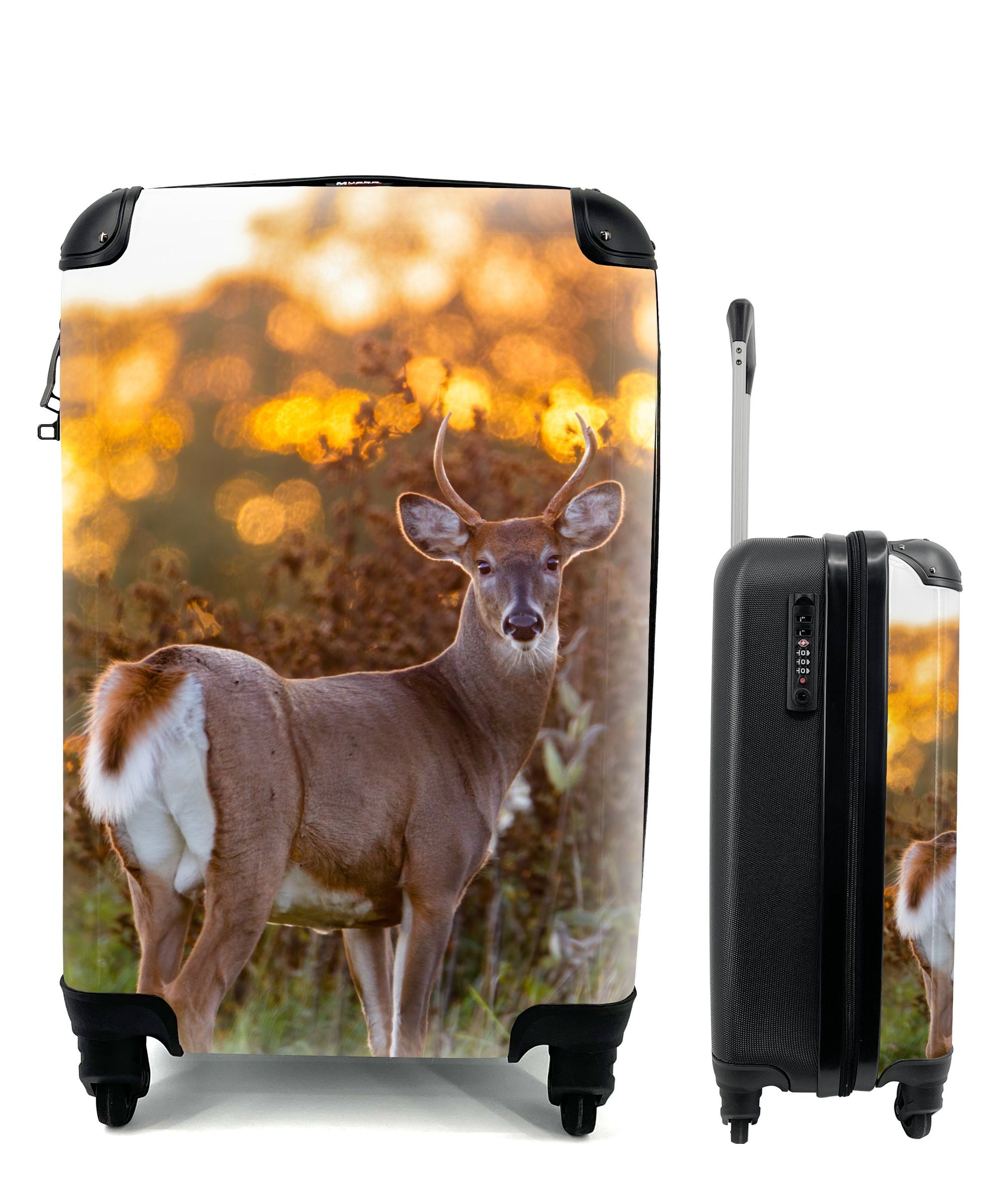 MuchoWow Handgepäckkoffer Hirsche - Rollen, - 4 - Trolley, Reisetasche für rollen, Reisekoffer Natur, Ferien, Pflanzen - Handgepäck Wildtiere Sonnenuntergang mit