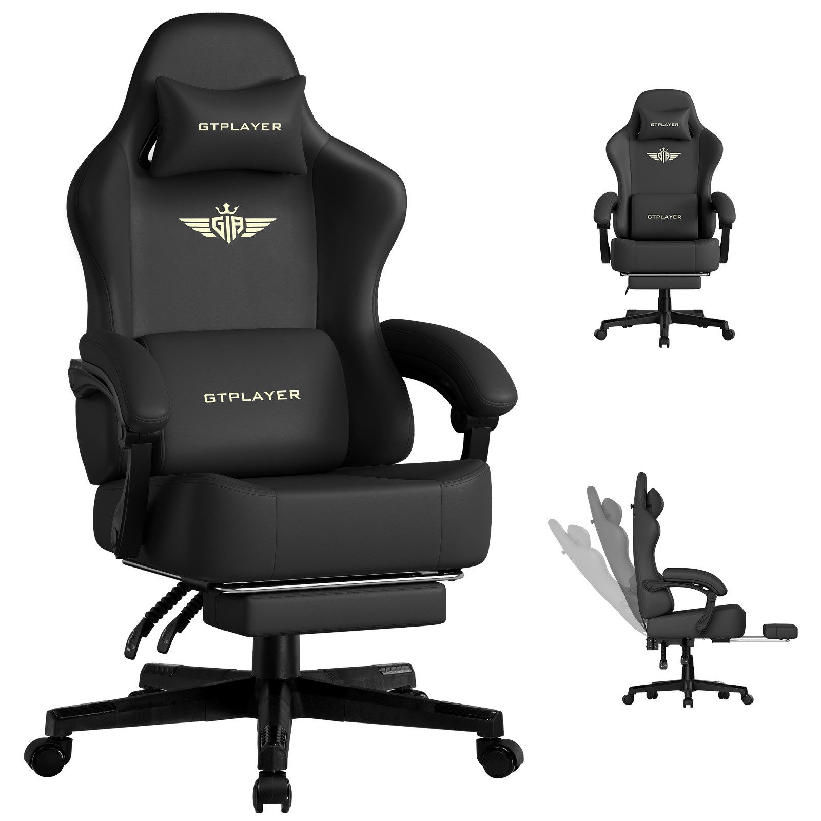 GTPLAYER Gaming-Stuhl Stoff/Kunstleder mit Taschenfederkissen großer Gamer Stuhl, 150KG (Gaming Chair mit hoher Rückenlehne und Fußstütze), Bürostuhl Gaming Sessel Gepolstert für Jugendliche und Erwachsene