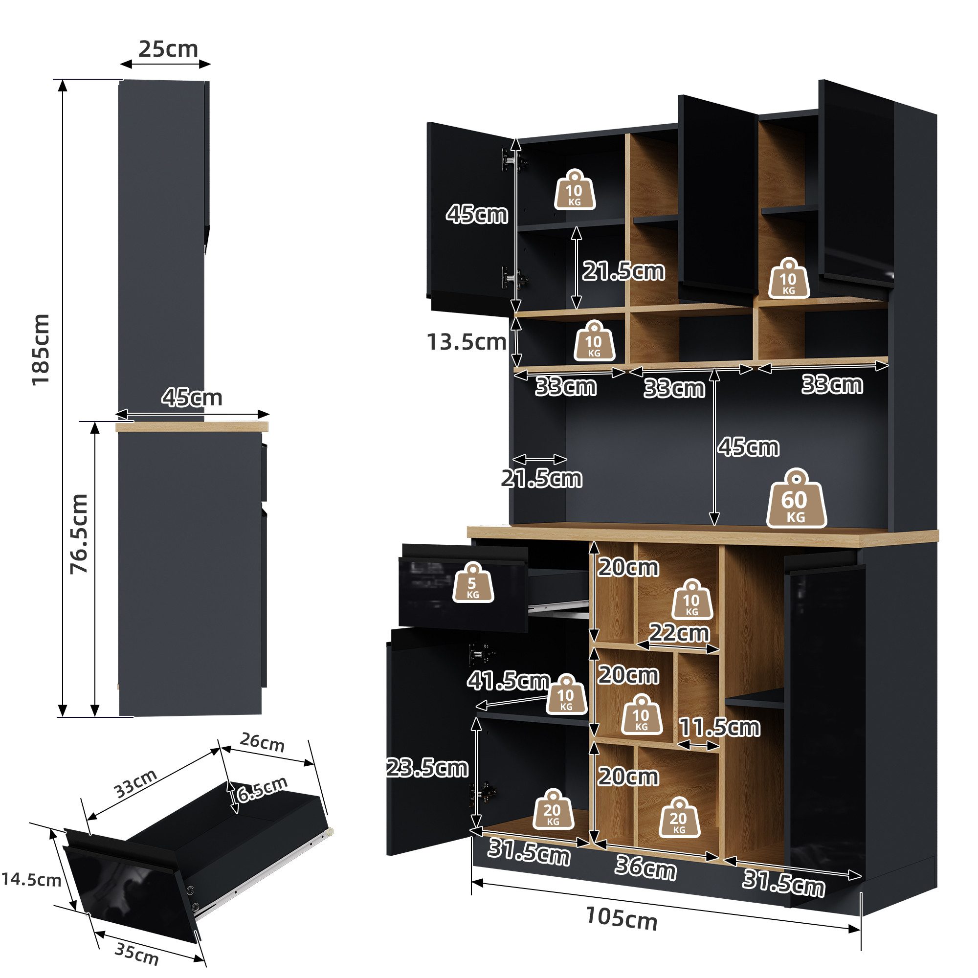 Flieks Küchenbuffet mit verstellbare Ablagen Hochschrank Hochglanz (1-St., B105/T45/H185 cm) Küchenschrank Geschirrschrank mit Schubladen und Stauraum schwarz – Bild 5 von 5